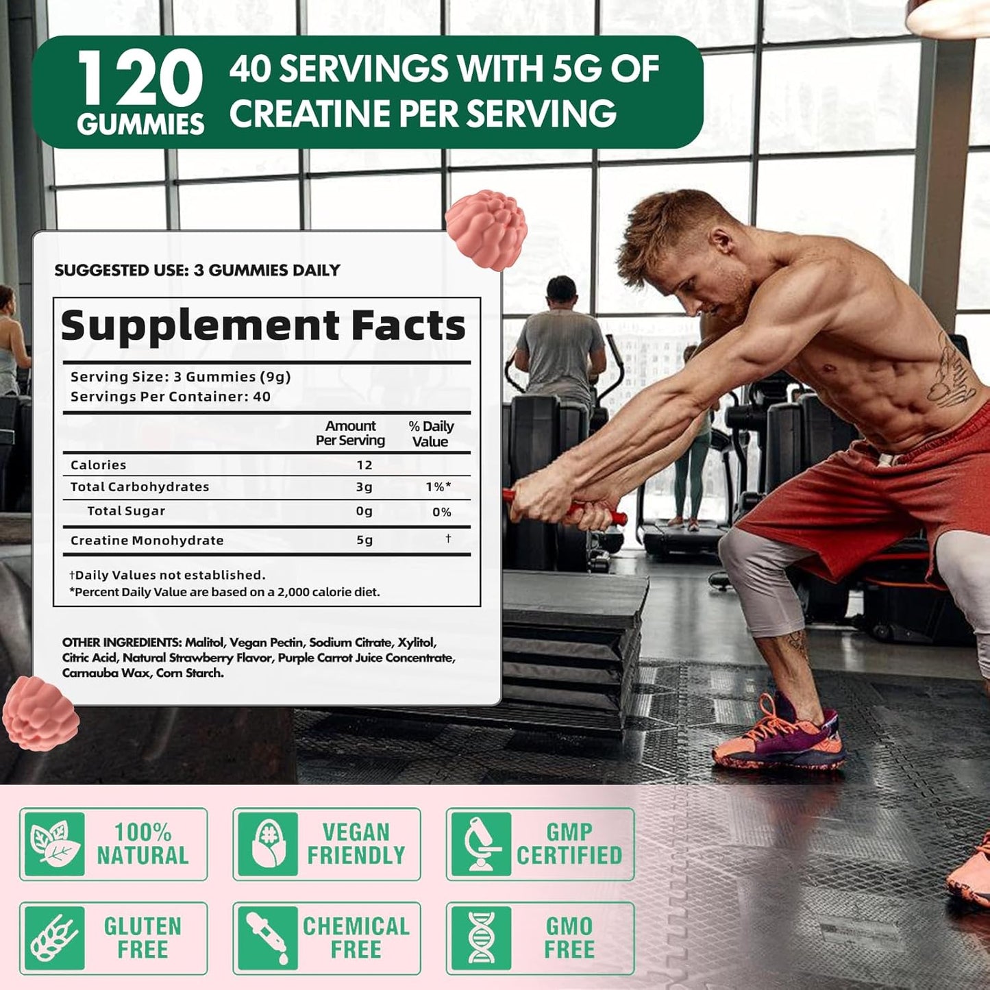 Danew Pro Creatine Monohydrate Gummies - 5000mg Muscle Strength & Energy Boost - Pre-Workout Supplement for Men & Women (120 Count, Strawberry)