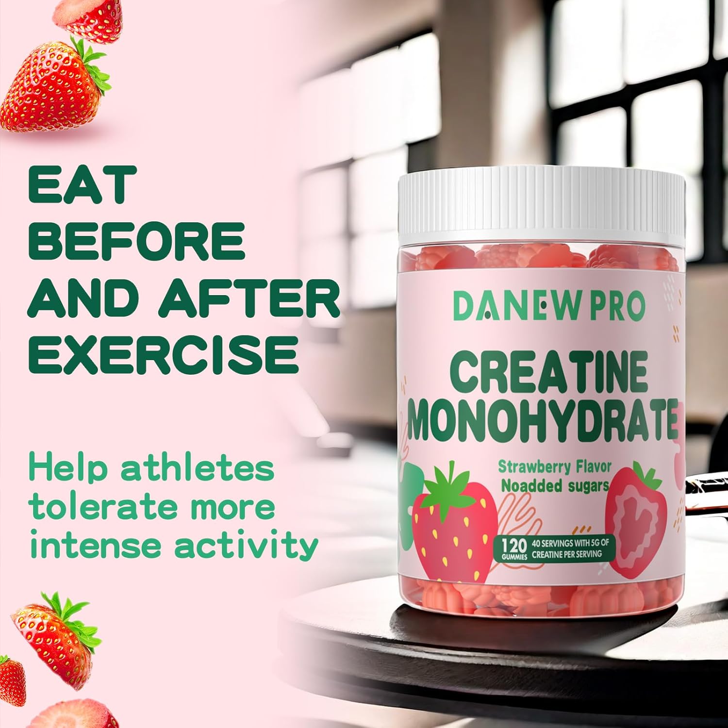 Danew Pro Creatine Monohydrate Gummies - 5000mg Muscle Strength & Energy Boost - Pre-Workout Supplement for Men & Women (120 Count, Strawberry)