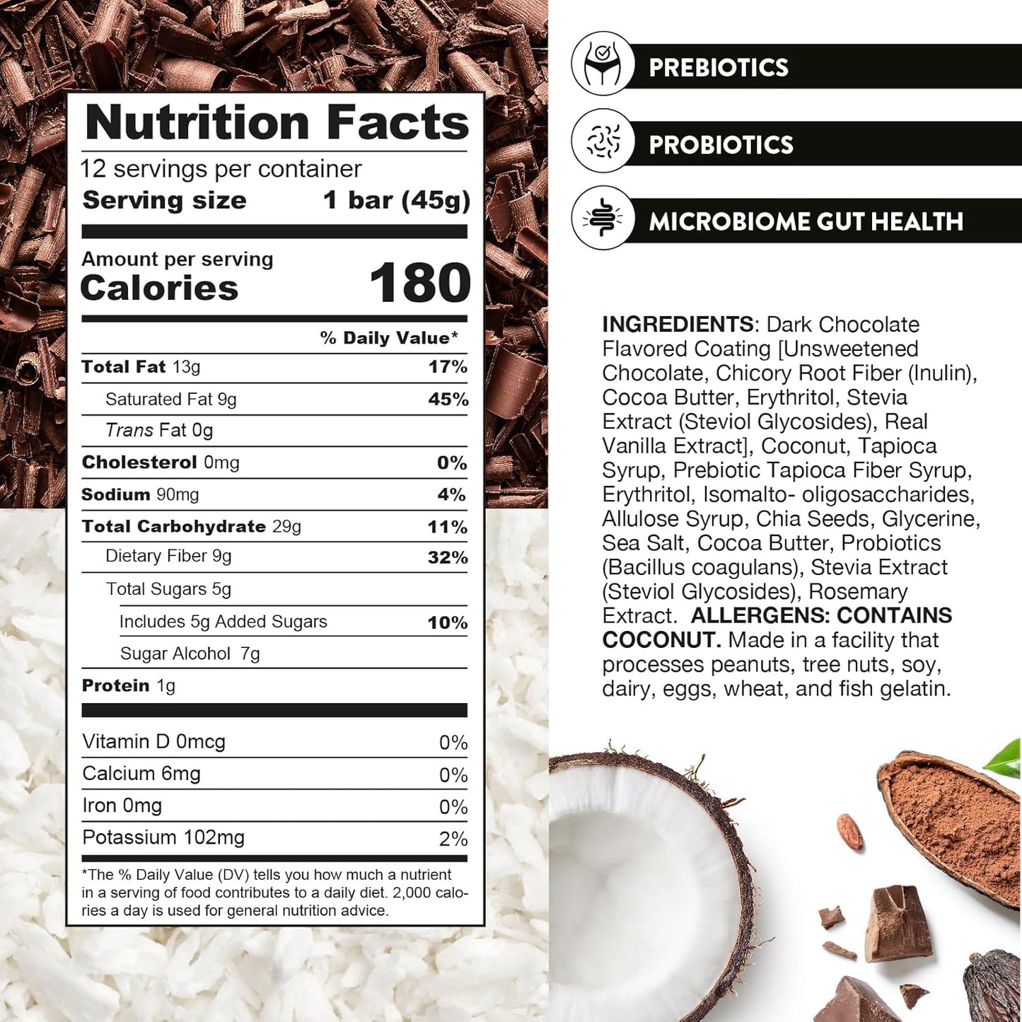 Dark Chocolate Coconut Truth Bar - Vegan Keto Snack with Prebiotics, Probiotics & Omega-3 - High Fiber, Low Sugar, Gluten Free (12 Pack)
