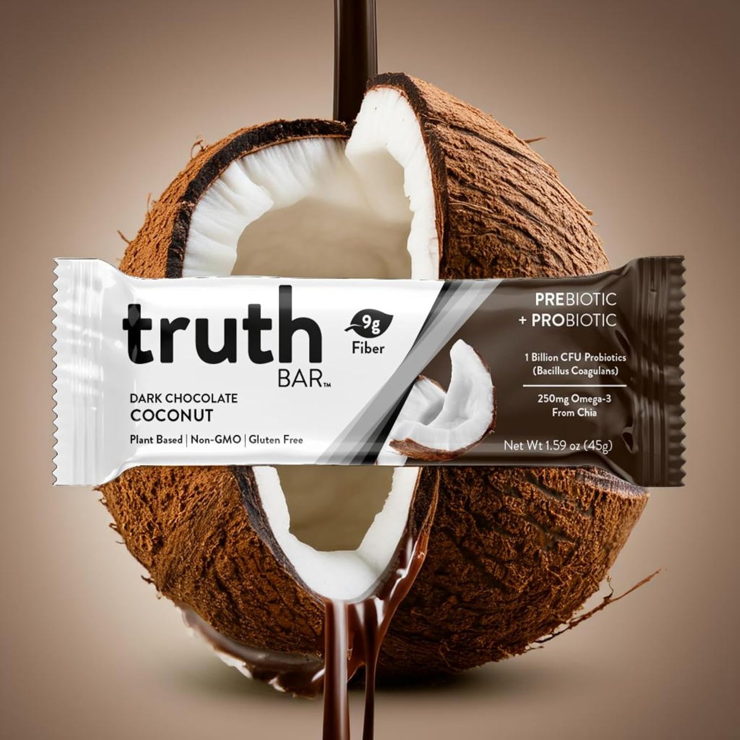Dark Chocolate Coconut Truth Bar - Vegan Keto Snack with Prebiotics, Probiotics & Omega-3 - High Fiber, Low Sugar, Gluten Free (12 Pack)