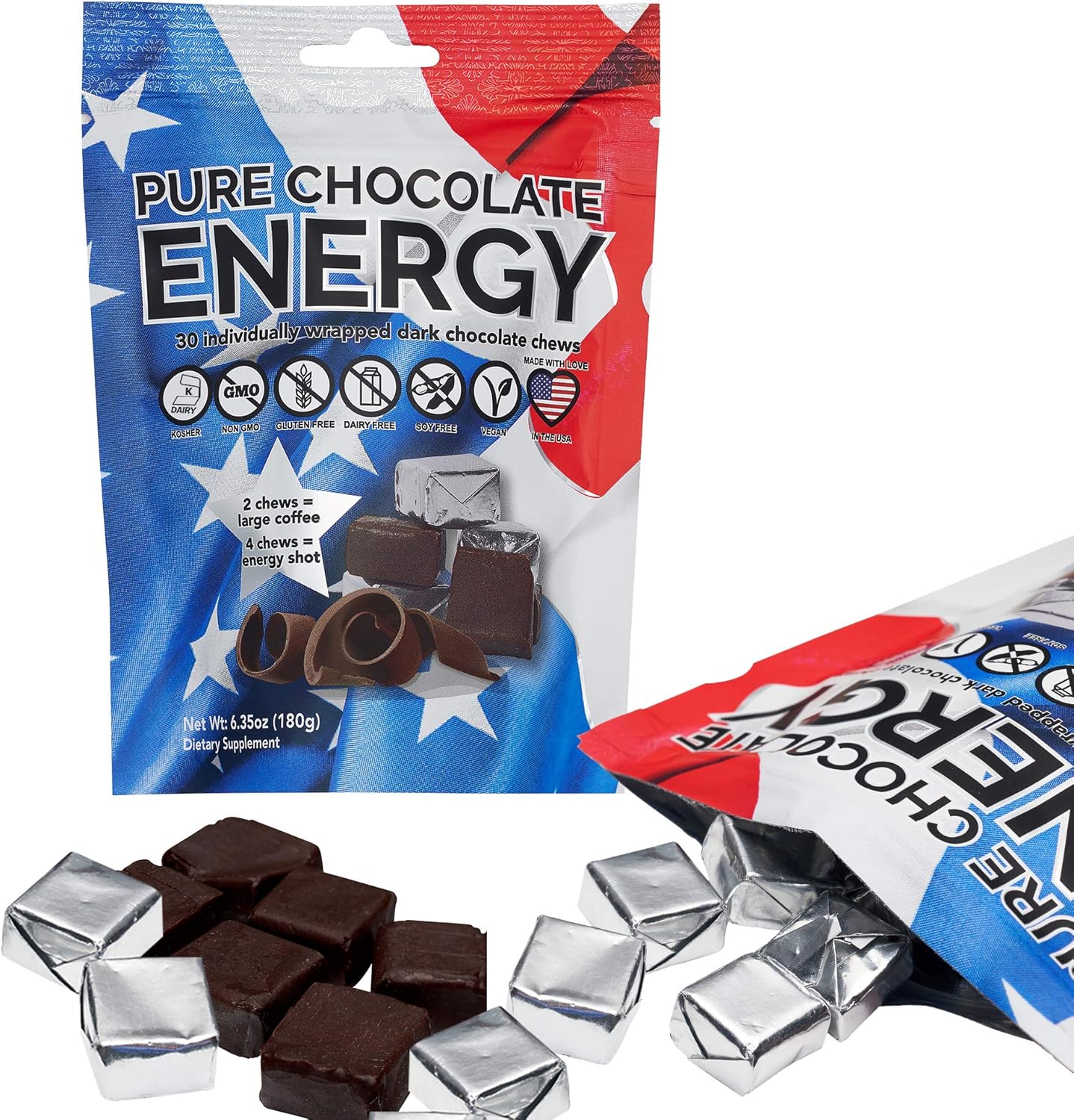 Dark Chocolate Energy Chews with Caffeine - 30 Count - Purity & Grace