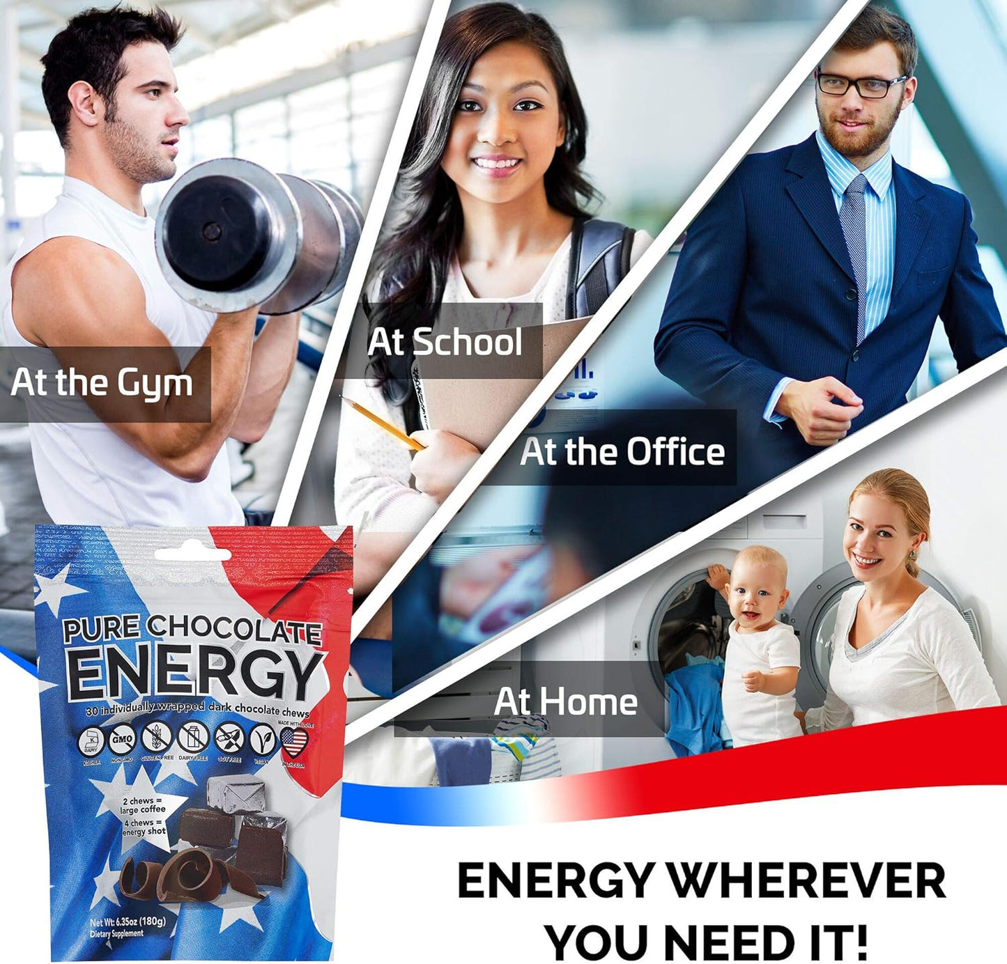 Dark Chocolate Energy Chews with Caffeine - 30 Count - Purity & Grace