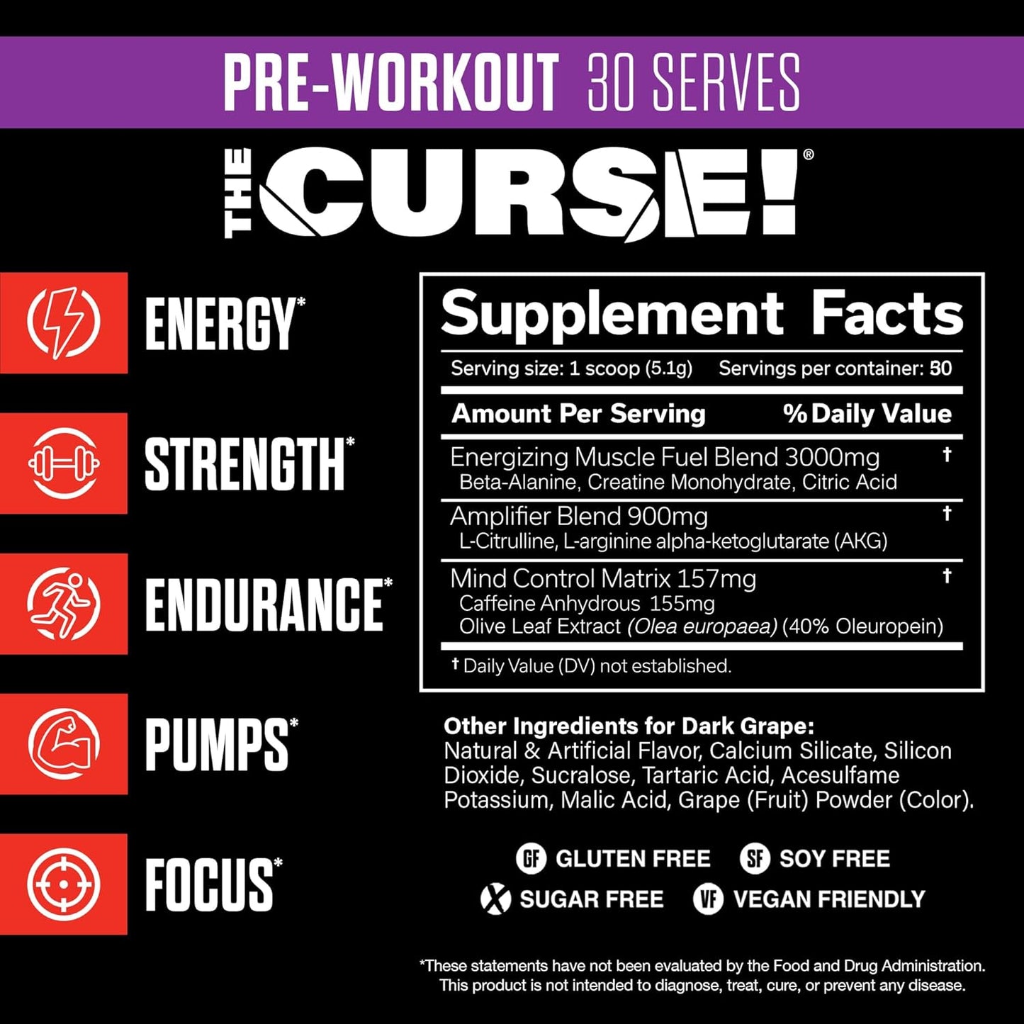 Dark Grape Pre Workout Powder - Boost Strength, Energy & Focus | 30 Servings | Caffeine, Beta-Alanine, Creatine | Men & Women Fitness Supplement