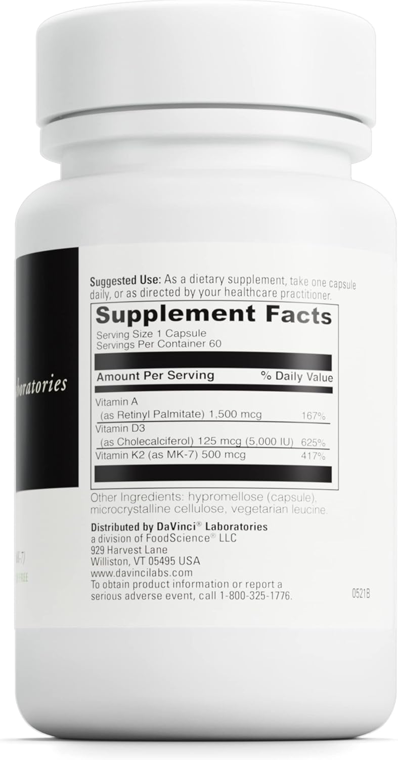 DaVinci Labs ADK - Bone, Heart, Immune Health Support - Vitamin A, D3 & K2 Supplement - Vegetarian, Gluten Free - 60 Capsules