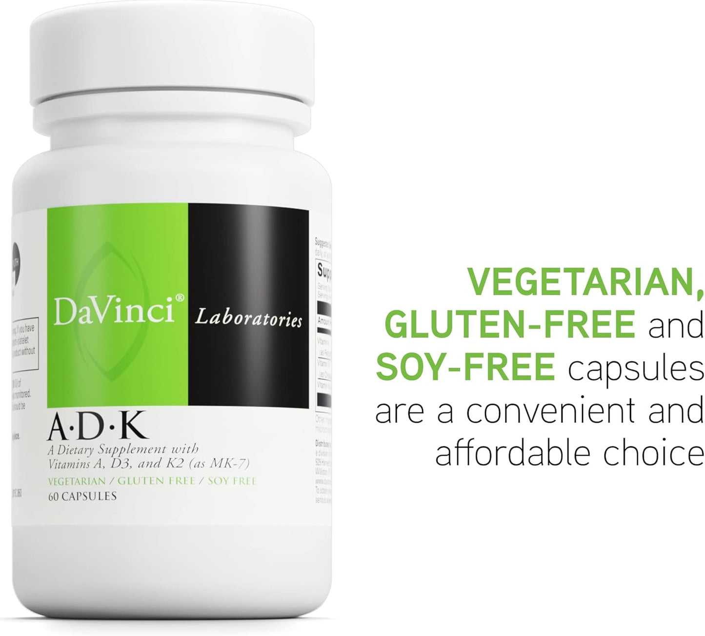 DaVinci Labs ADK - Bone, Heart, Immune Health Support - Vitamin A, D3 & K2 Supplement - Vegetarian, Gluten Free - 60 Capsules