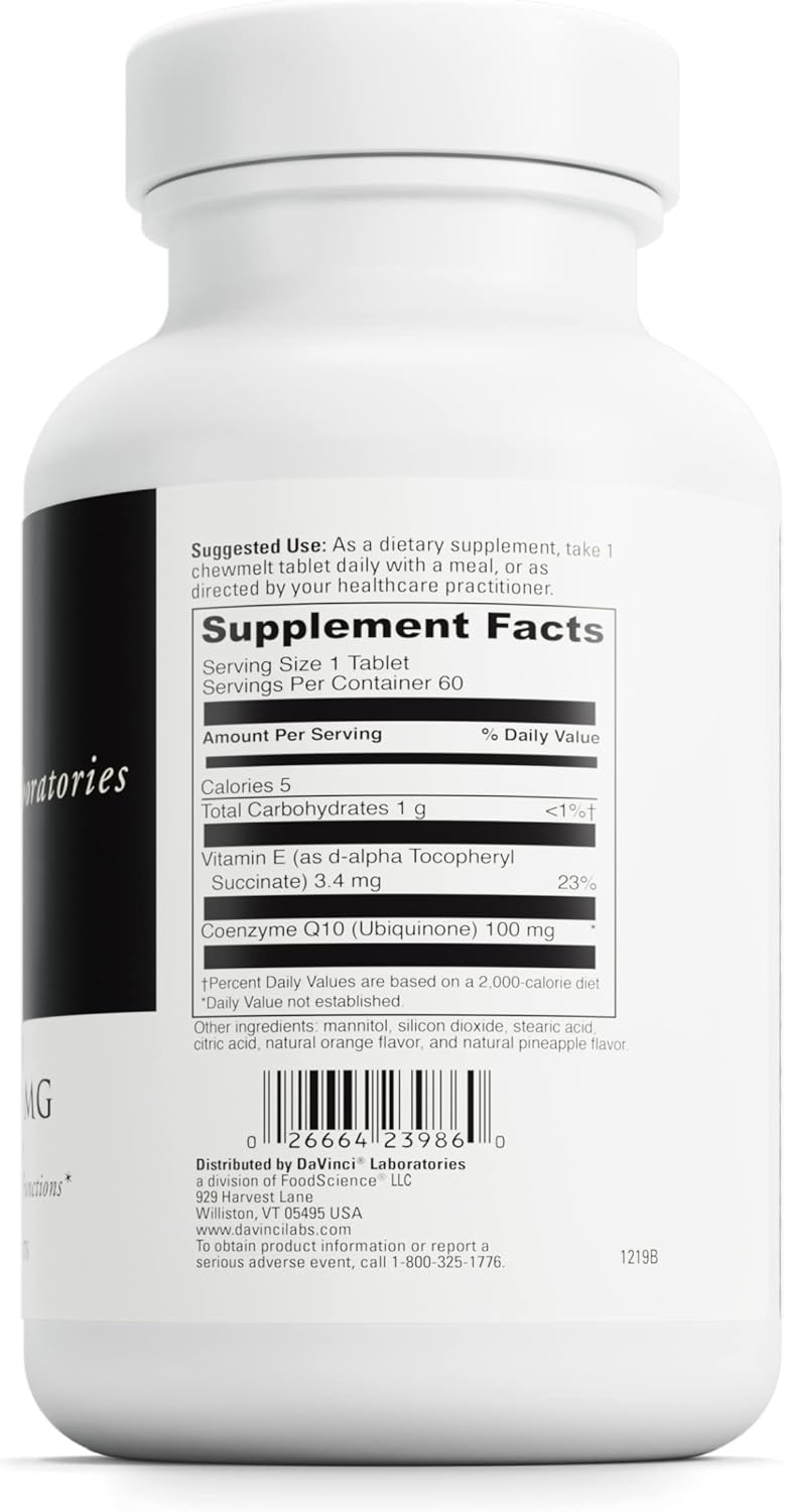 DAVINCI Labs CoQ10 Chewmelt 100mg with Vitamin E - Supports Liver, Brain, Heart Health - 60 Chewable Tablets
