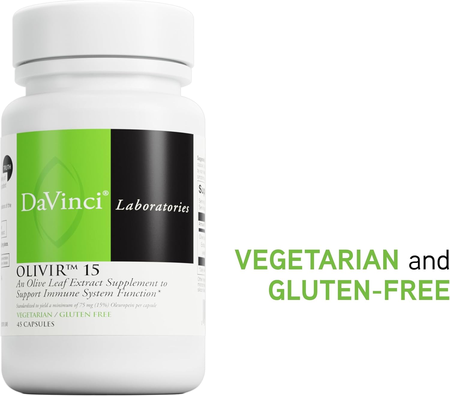 DAVINCI Labs Olivir 15 Capsules - Immune System & Digestion Support with 500mg Olive Leaf Extract - Vegetarian & Gluten-Free - 45 count