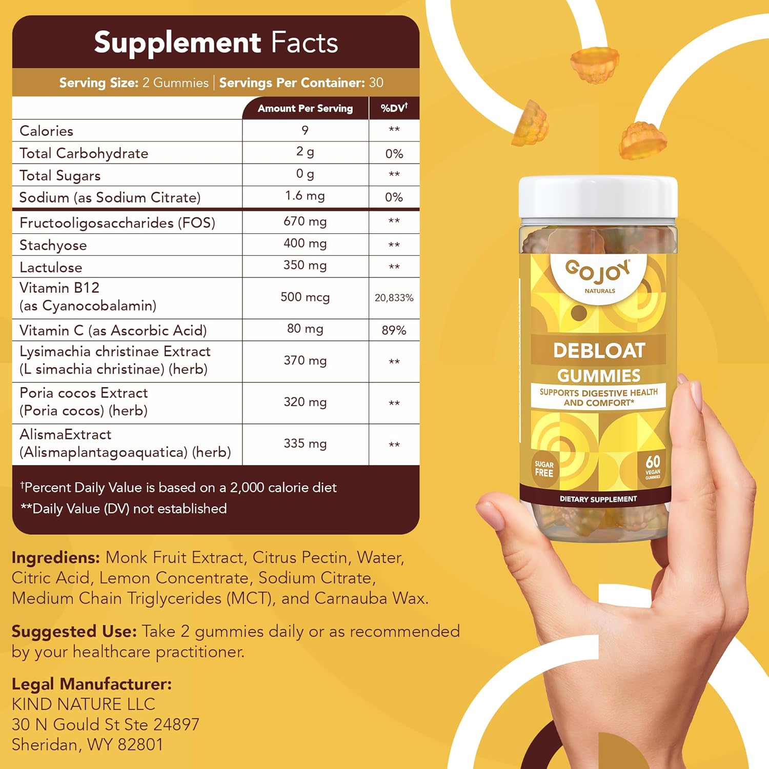 Debloat with GOJOY NATURALS Lemon Gummies - Herbal Supplement for Gut Health, Digestive Support - Non-GMO, Vegan, Gluten-Free (30 Servings)