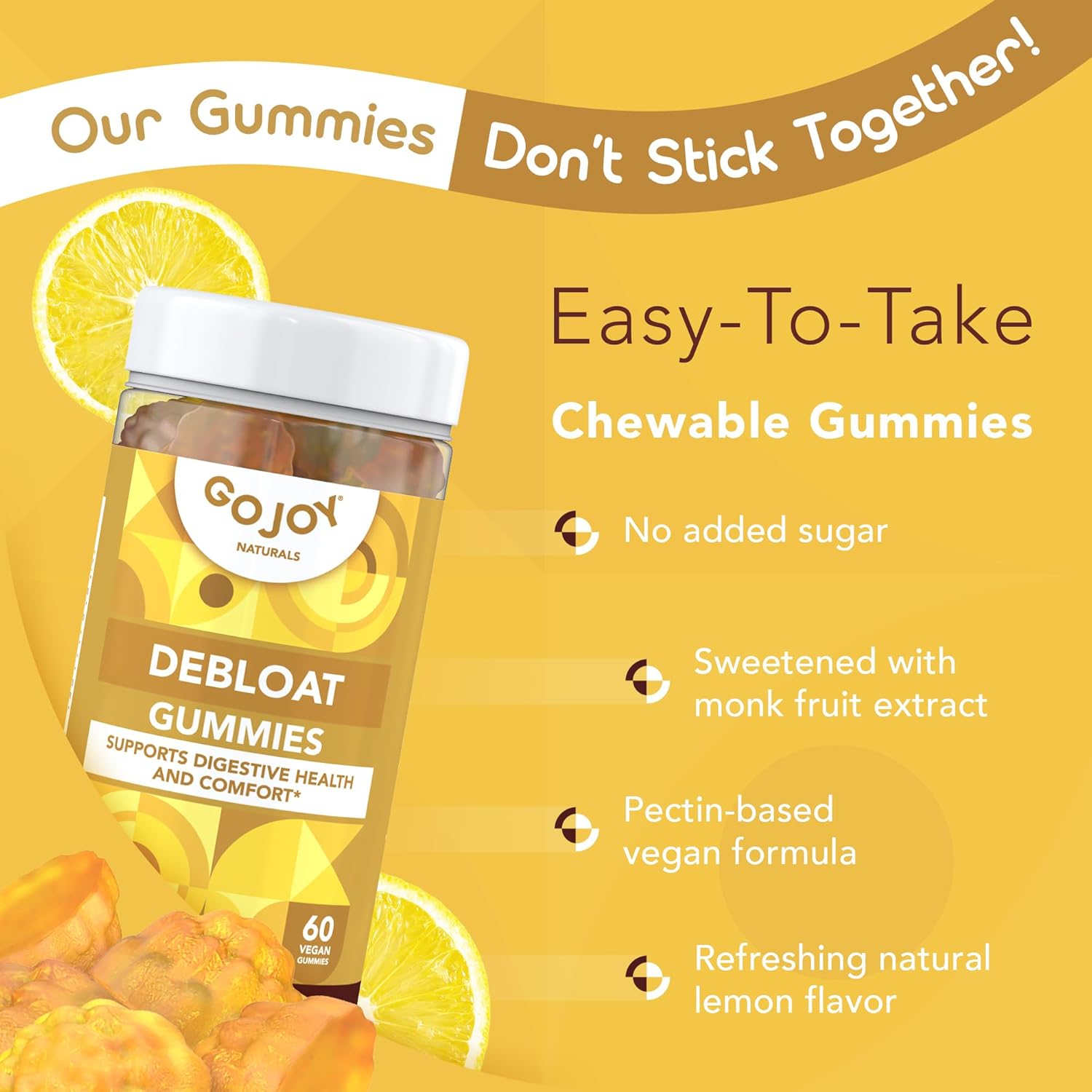 Debloat with GOJOY NATURALS Lemon Gummies - Herbal Supplement for Gut Health, Digestive Support - Non-GMO, Vegan, Gluten-Free (30 Servings)