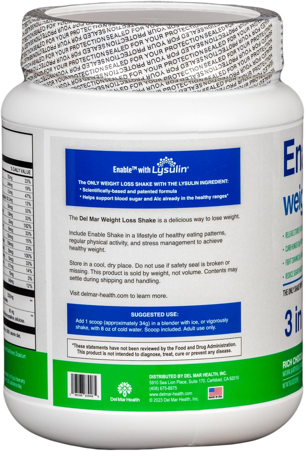 Del Mar Health Enable Rich Chocolate Weight Loss Shake - Nutritious Meal Replacement, 2lb 11oz