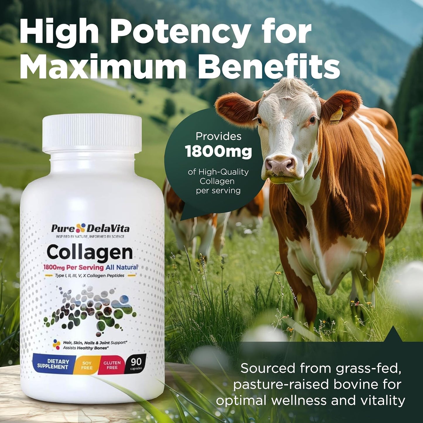 DelaVita Complete Collagen Capsules for Women - Types I, II, III, V, X, 1800mg - Hair, Skin, Nails, Joints & Bone Health - High Absorption - Anti-Aging - Non-GMO, Gluten-Free - 90 Capsules