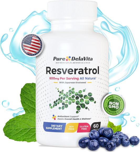 DelaVita Pure Resveratrol Supplement - 600mg Antioxidant for Heart Health, Anti-Aging, Immune Support - Non-GMO, Gluten-Free, Vegan - 60 Capsules