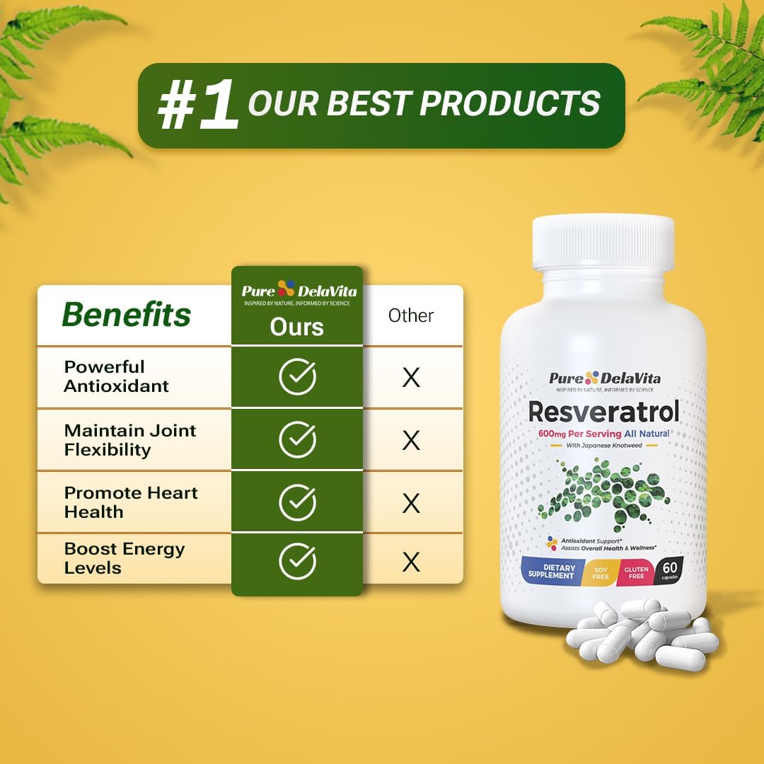 DelaVita Pure Resveratrol Supplement - 600mg Antioxidant for Heart Health, Anti-Aging, Immune Support - Non-GMO, Gluten-Free, Vegan - 60 Capsules