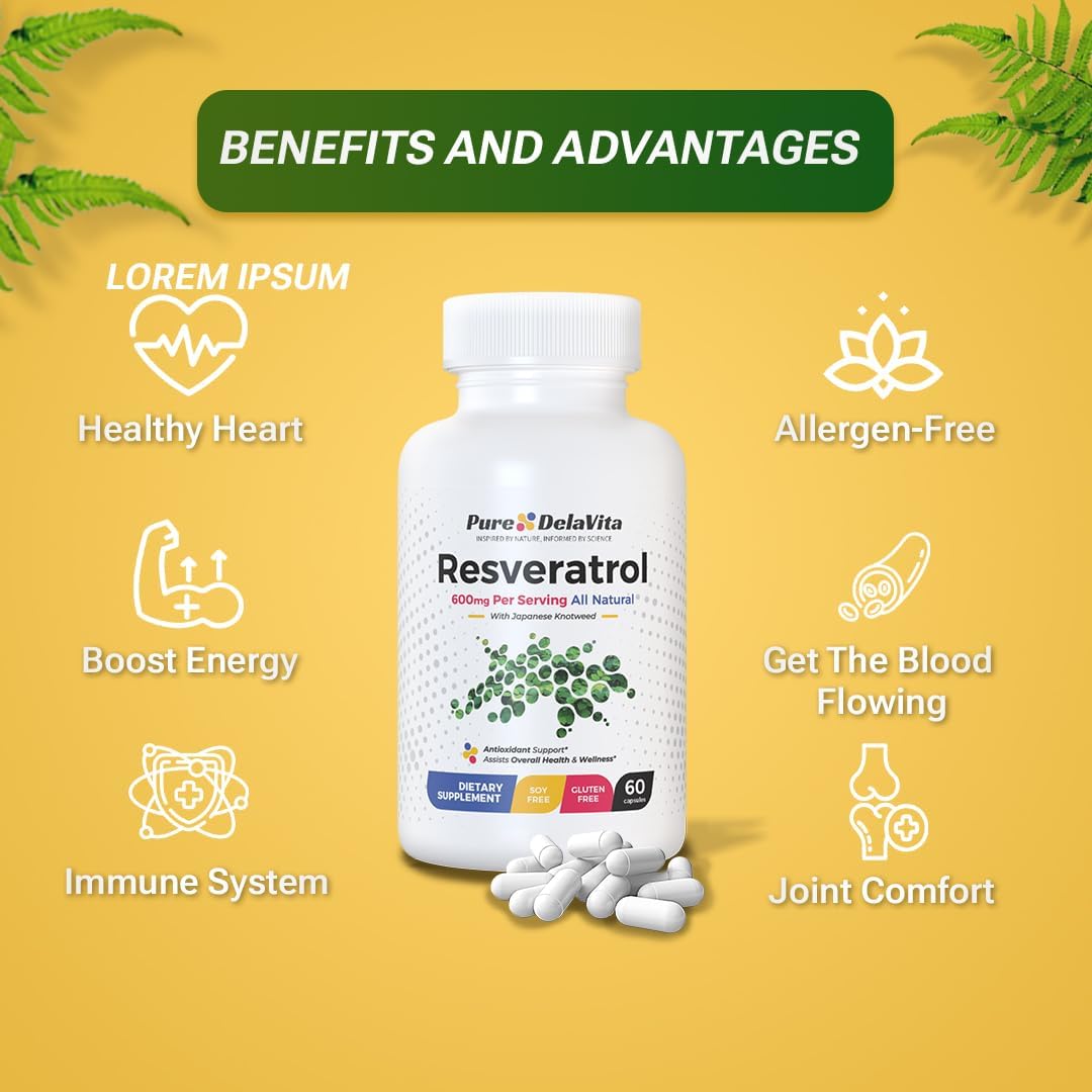 DelaVita Pure Resveratrol Supplement - 600mg Antioxidant for Heart Health, Anti-Aging, Immune Support - Non-GMO, Gluten-Free, Vegan - 60 Capsules