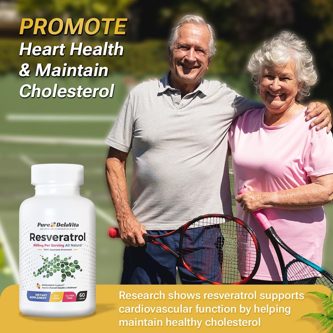 DelaVita Pure Resveratrol Supplement - 600mg Antioxidant for Heart Health, Anti-Aging, Immune Support - Non-GMO, Gluten-Free, Vegan - 60 Capsules