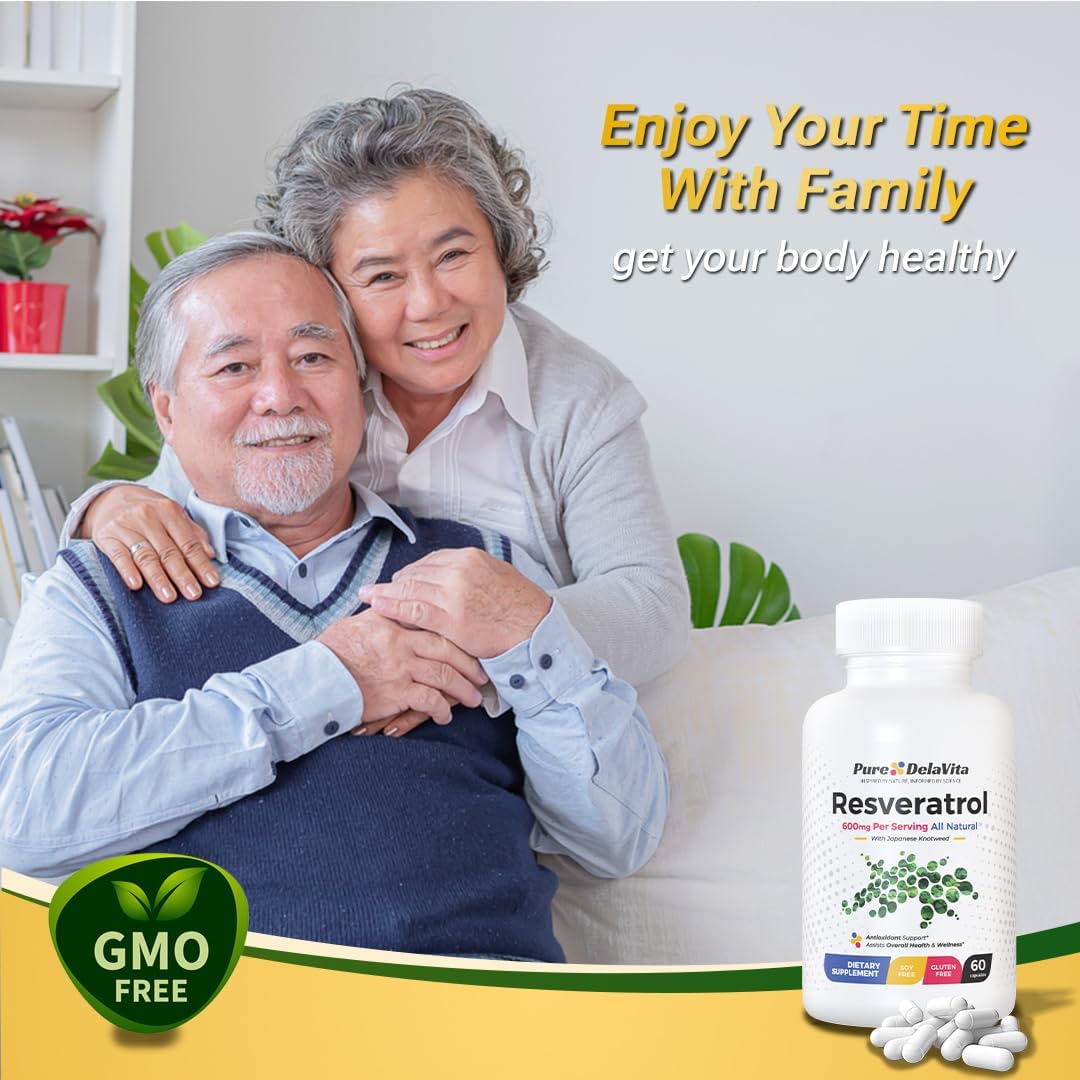 DelaVita Pure Resveratrol Supplement - 600mg Antioxidant for Heart Health, Anti-Aging, Immune Support - Non-GMO, Gluten-Free, Vegan - 60 Capsules