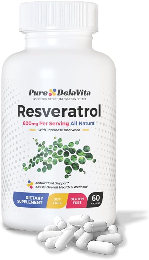 DelaVita Pure Resveratrol Supplement - 600mg Antioxidant for Heart Health, Anti-Aging, Immune Support - Non-GMO, Gluten-Free, Vegan - 60 Capsules