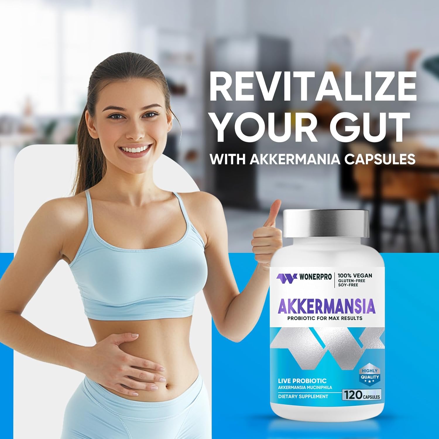 Delayed Release Akkermansia Probiotic - 300 Million AFUs, Enhances Gut Lining & Immunity, 120 Capsules