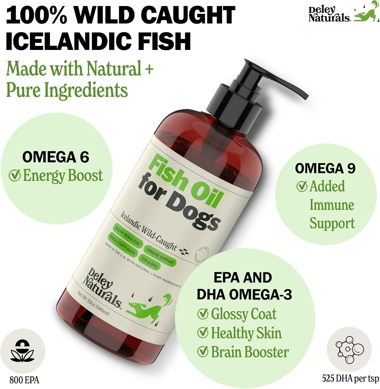 Deley Naturals Dog Fish Oil Icelandic - Omega 3 6 9 for Dogs Skin & Coat Care - Dog Itching Relief & Heart Health Support - Skin and Coat Supplements for Dogs 32Oz