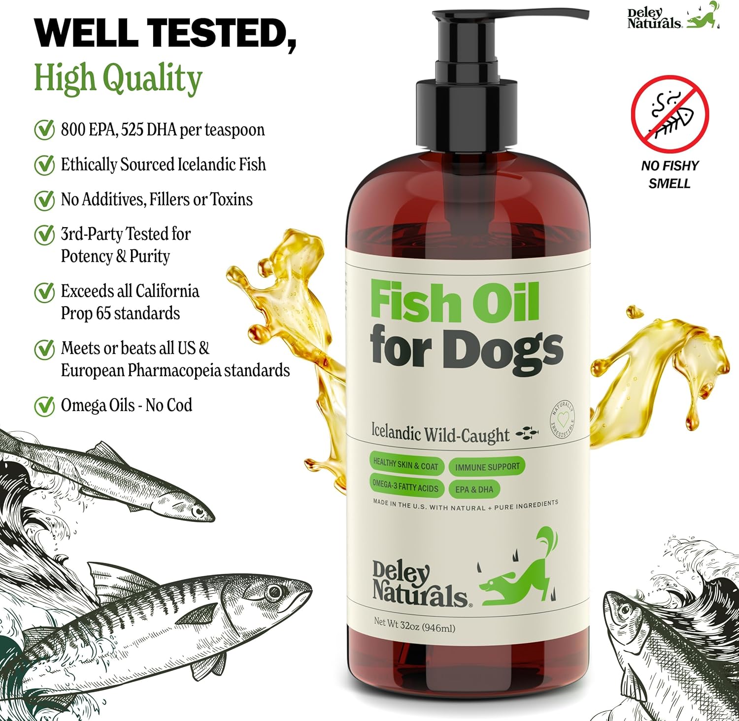 Deley Naturals Dog Fish Oil Icelandic - Omega 3 6 9 for Dogs Skin & Coat Care - Dog Itching Relief & Heart Health Support - Skin and Coat Supplements for Dogs 32Oz
