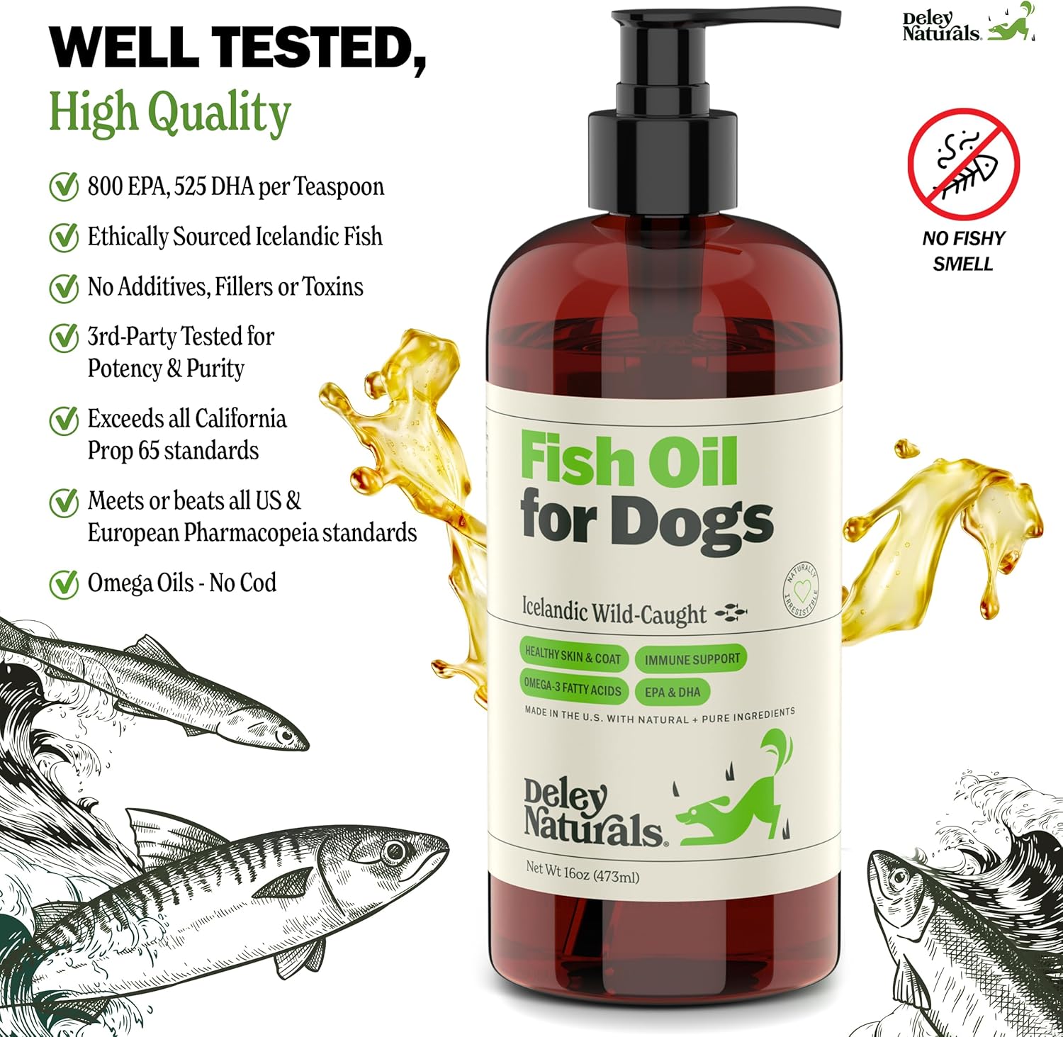 Deley Naturals Icelandic Fish Oil for Dogs - Omega 3 6 9 Skin, Coat & Heart Health - 16oz Skin Irritation Relief Supplement