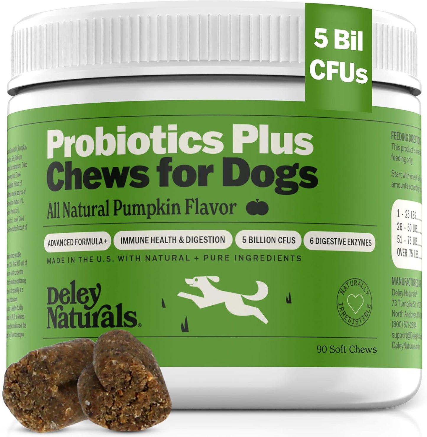 Deley Naturals Probiotic Chews for Dogs - Gut Health Supplement with 5 Billion CFU's, Digestive Enzymes, Prebiotics - Helps with Dog Allergies, Diarrhea, Yeast - Pumpkin Flavor, 90 Count - USA Made