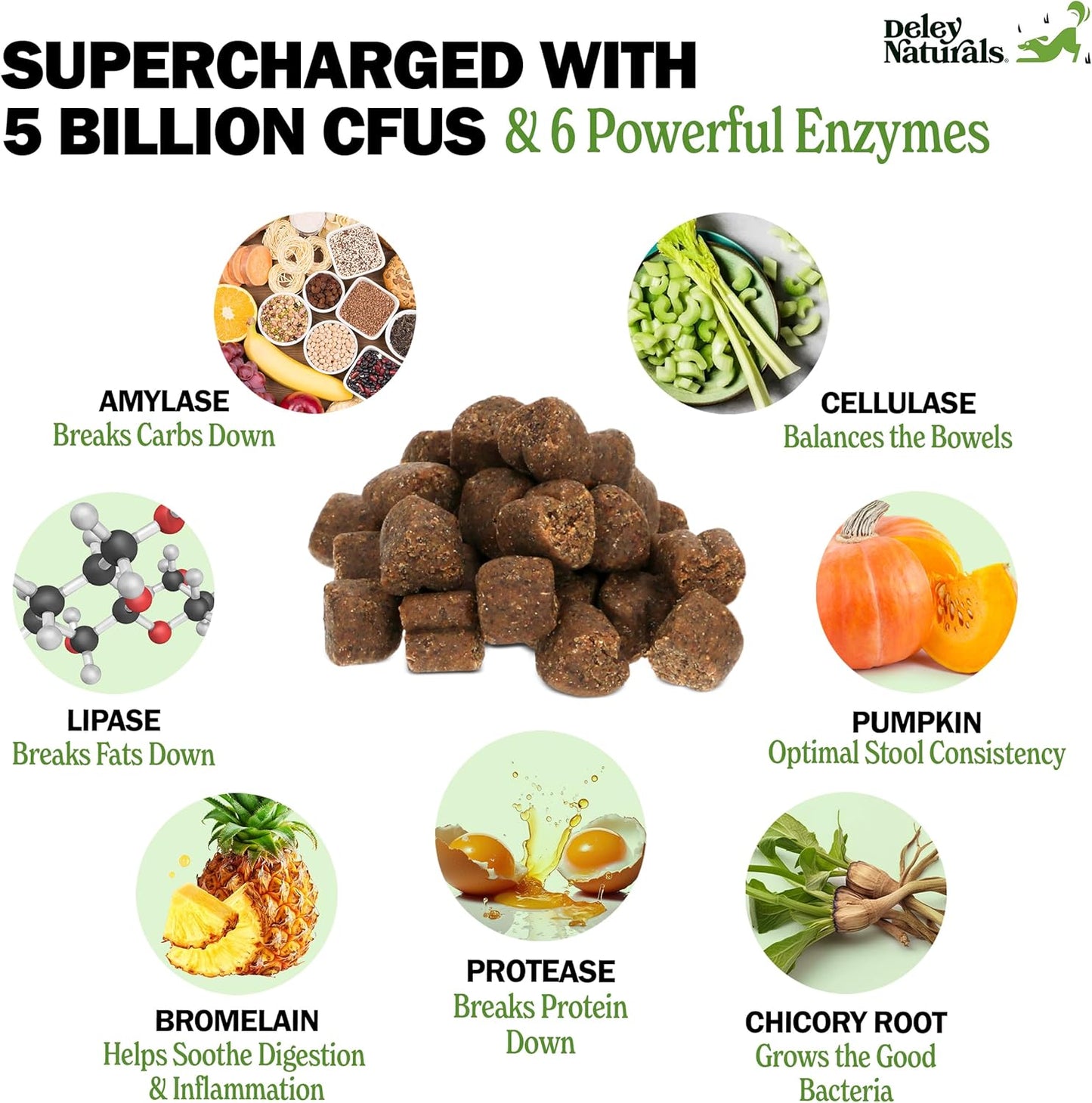 Deley Naturals Probiotic Chews for Dogs - Gut Health Supplement with 5 Billion CFU's, Digestive Enzymes, Prebiotics - Helps with Dog Allergies, Diarrhea, Yeast - Pumpkin Flavor, 90 Count - USA Made