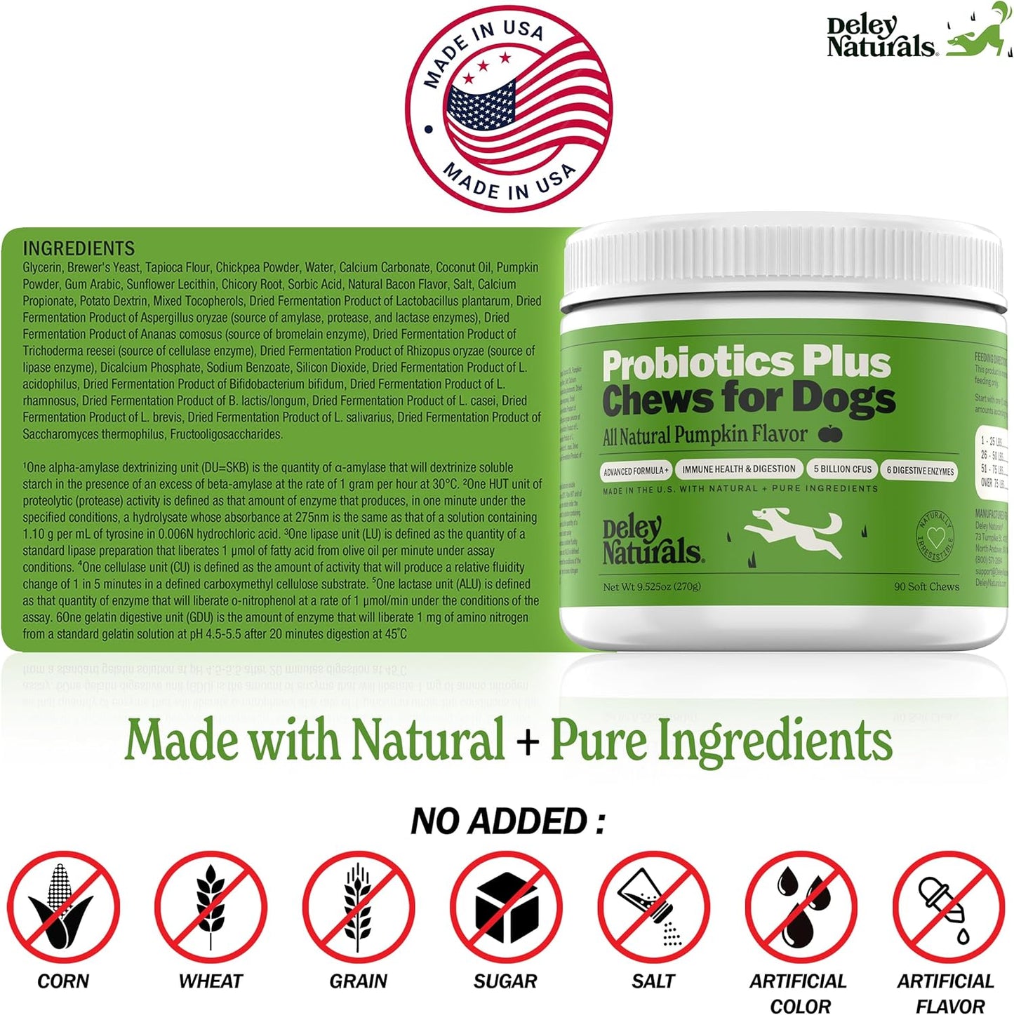 Deley Naturals Probiotic Chews for Dogs - Gut Health Supplement with 5 Billion CFU's, Digestive Enzymes, Prebiotics - Helps with Dog Allergies, Diarrhea, Yeast - Pumpkin Flavor, 90 Count - USA Made