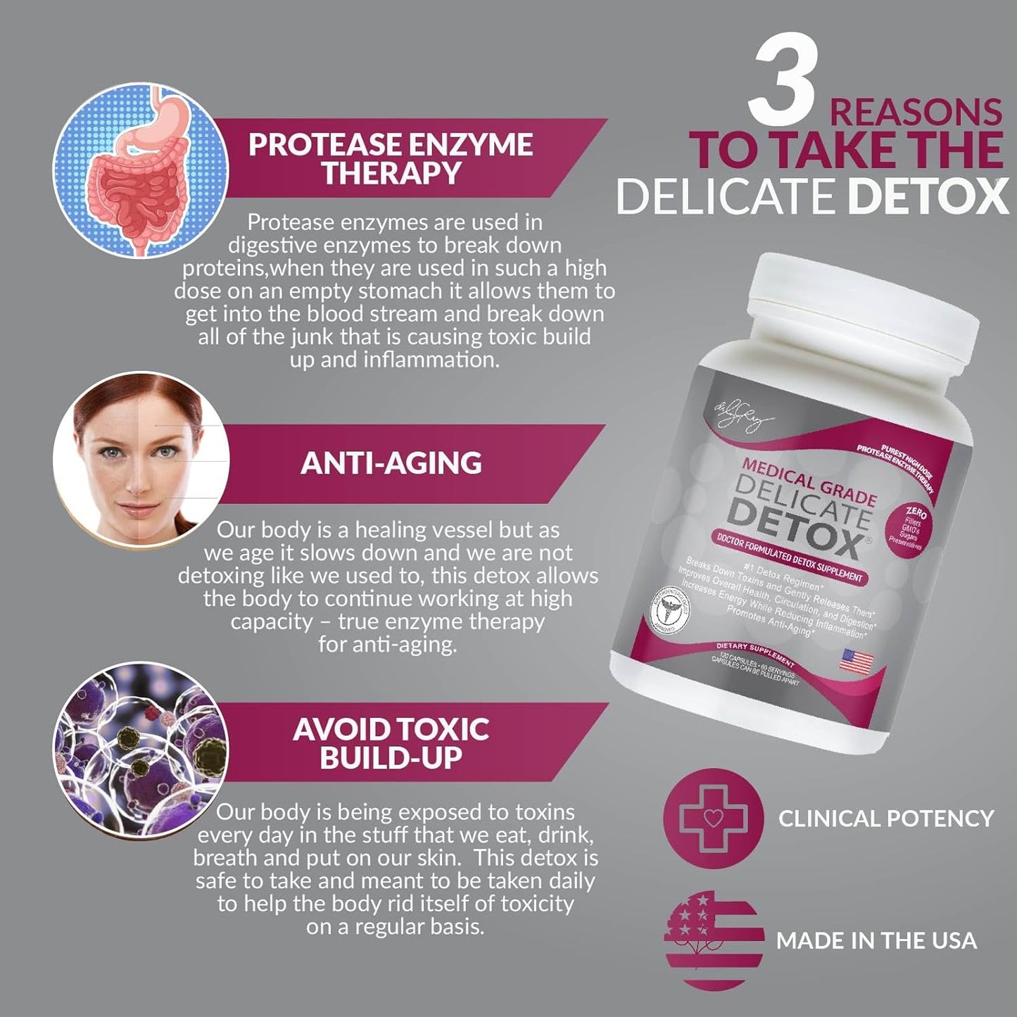 Delicate Detox Enzymes Supplement - Medical-Grade Protease Enzymes, 120 Veggie Capsules, Non-GMO Dietary Supplement