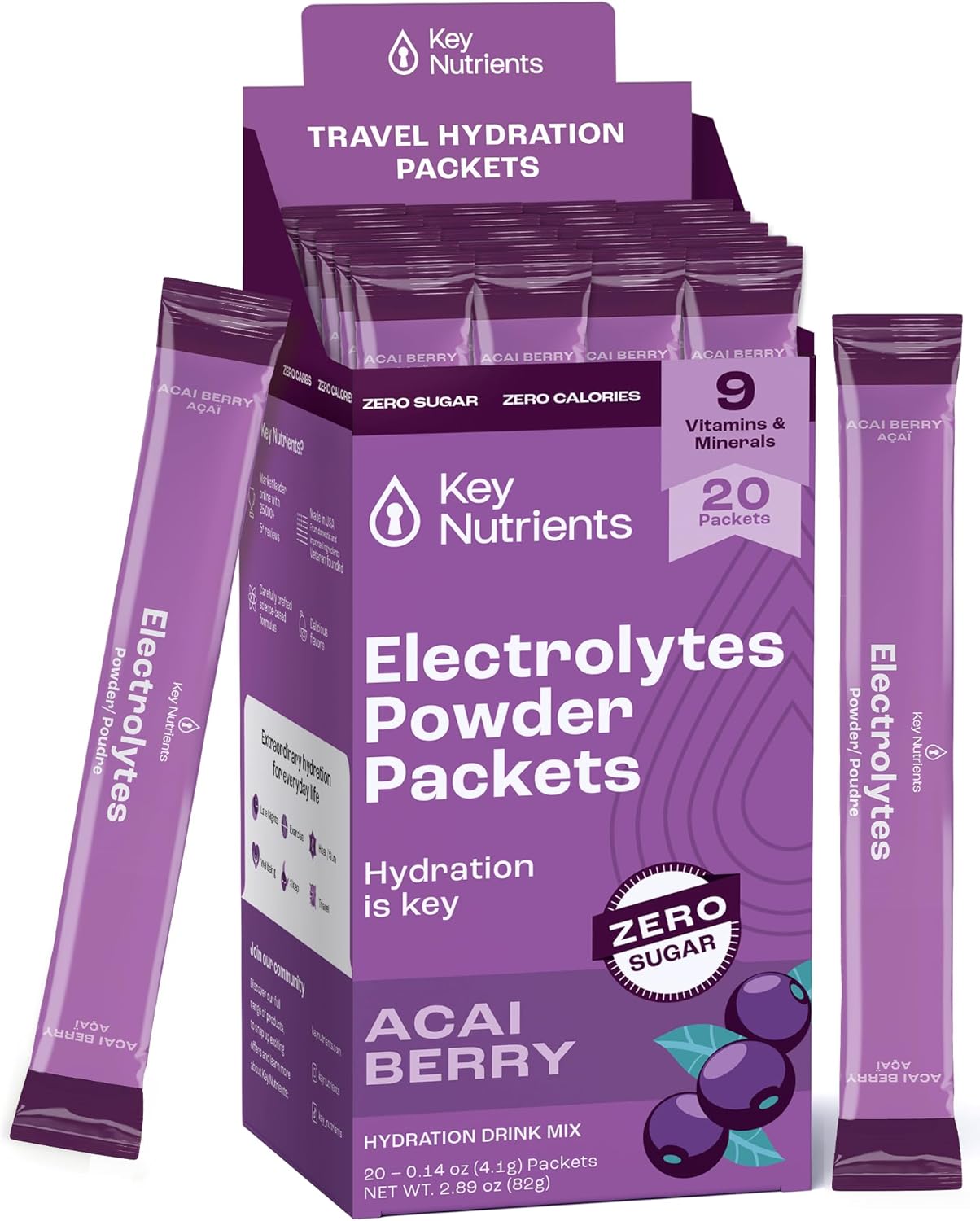 Delicious Acai Berry Multivitamin Electrolyte Powder Packets - Hydration on the Go - 20 Packets - Sugar-Free, Gluten-Free, Made in USA