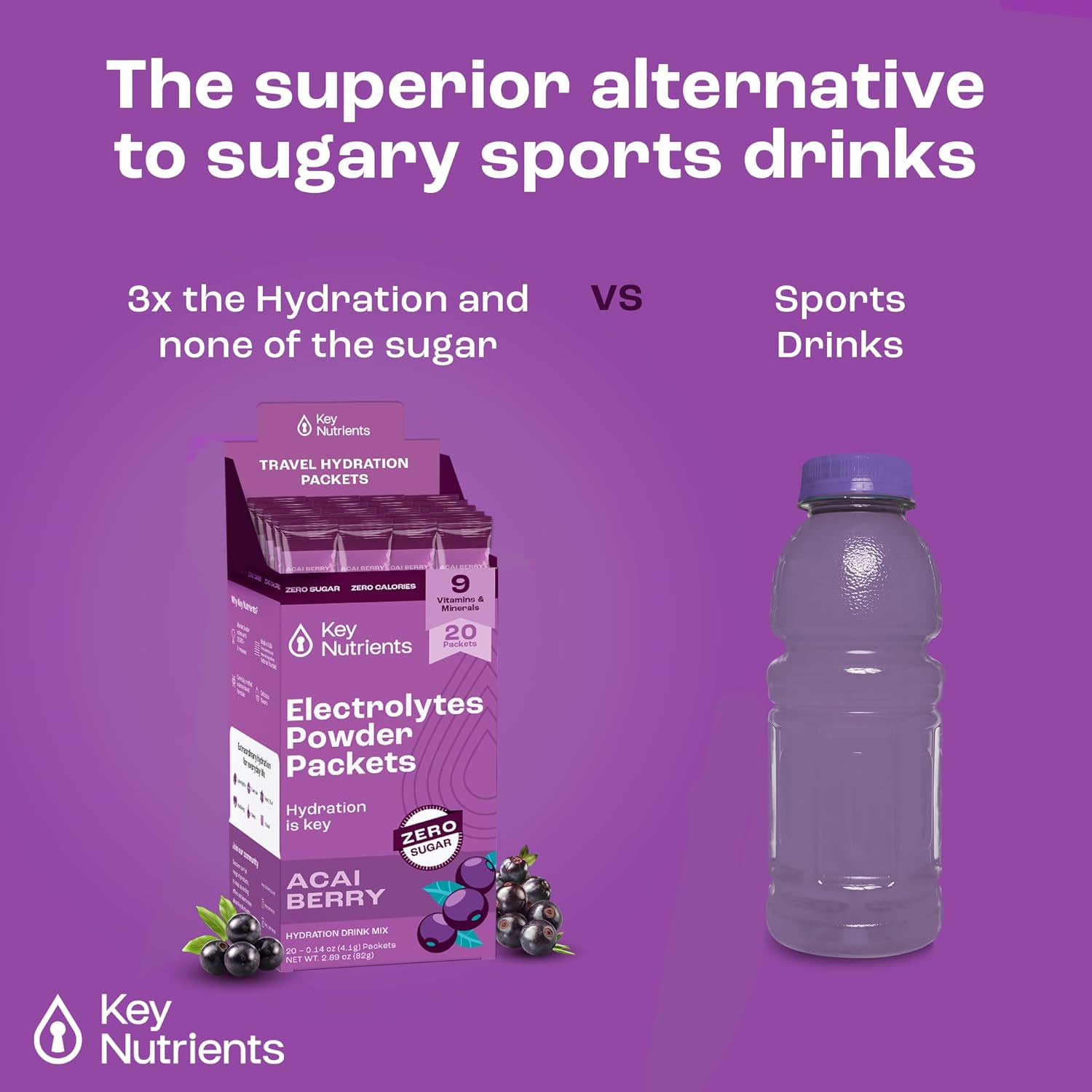 Delicious Acai Berry Multivitamin Electrolyte Powder Packets - Hydration on the Go - 20 Packets - Sugar-Free, Gluten-Free, Made in USA