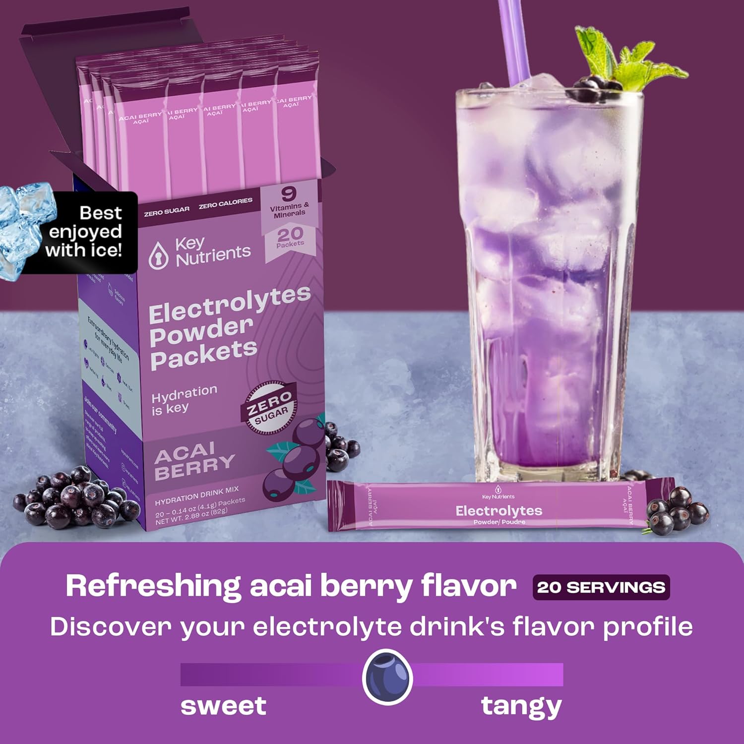 Delicious Acai Berry Multivitamin Electrolyte Powder Packets - Hydration on the Go - 20 Packets - Sugar-Free, Gluten-Free, Made in USA