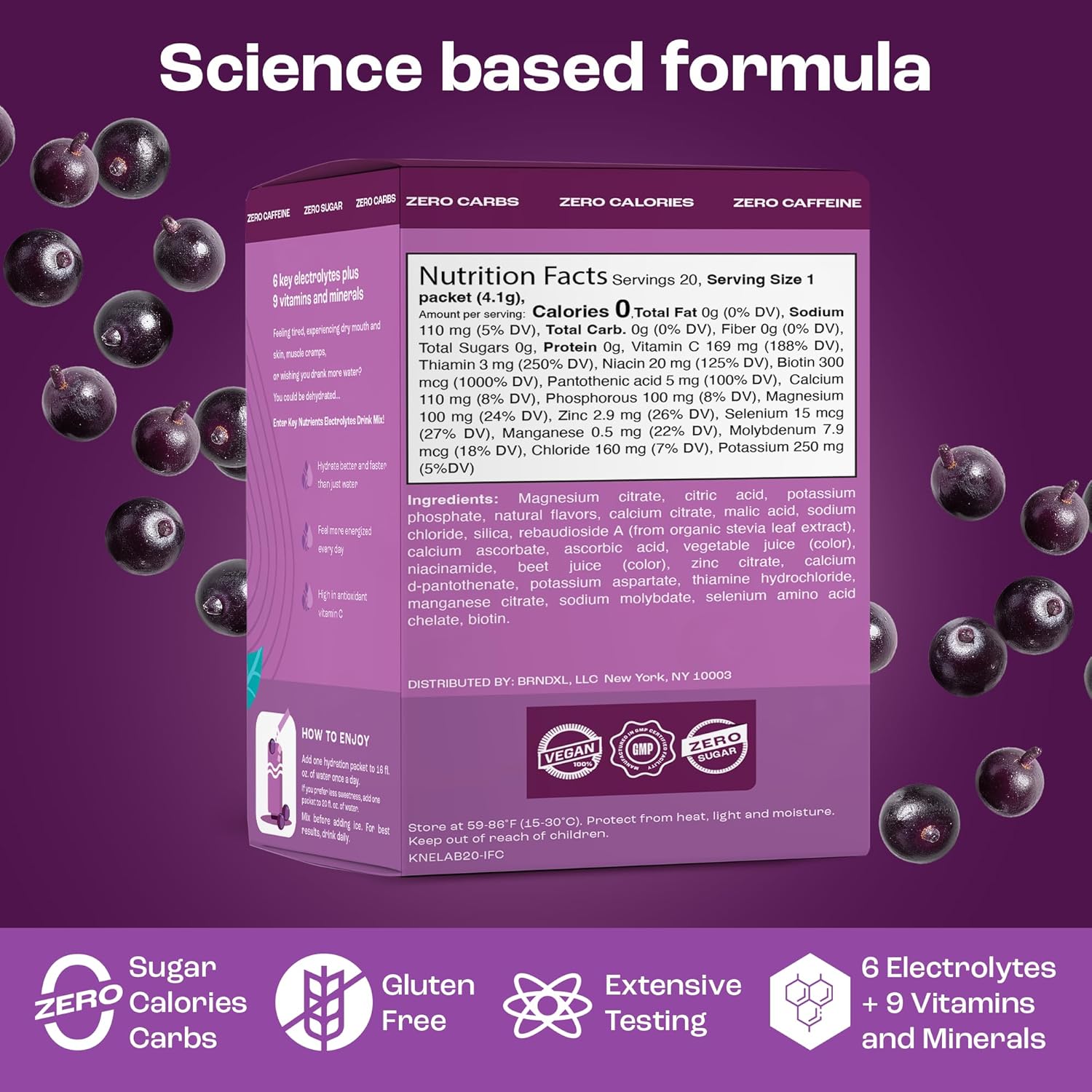 Delicious Acai Berry Multivitamin Electrolyte Powder Packets - Hydration on the Go - 20 Packets - Sugar-Free, Gluten-Free, Made in USA