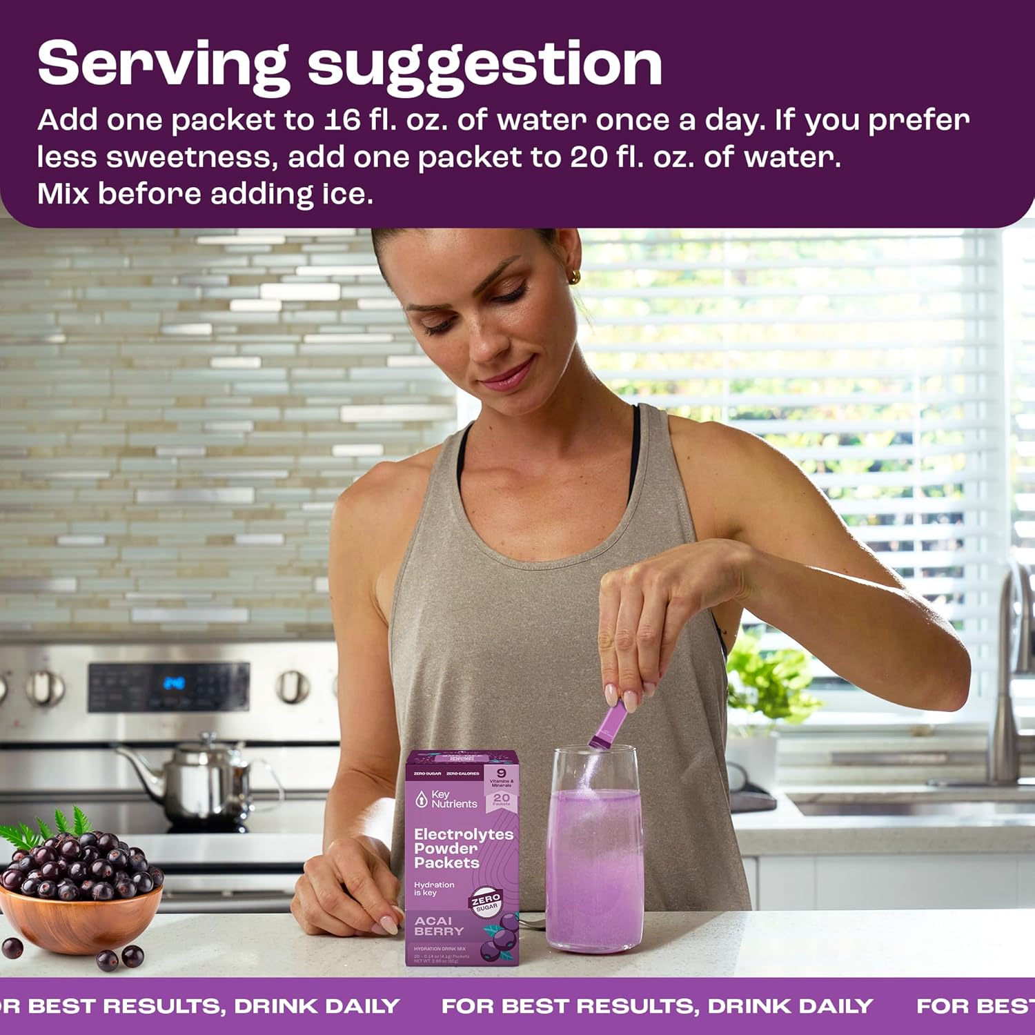 Delicious Acai Berry Multivitamin Electrolyte Powder Packets - Hydration on the Go - 20 Packets - Sugar-Free, Gluten-Free, Made in USA