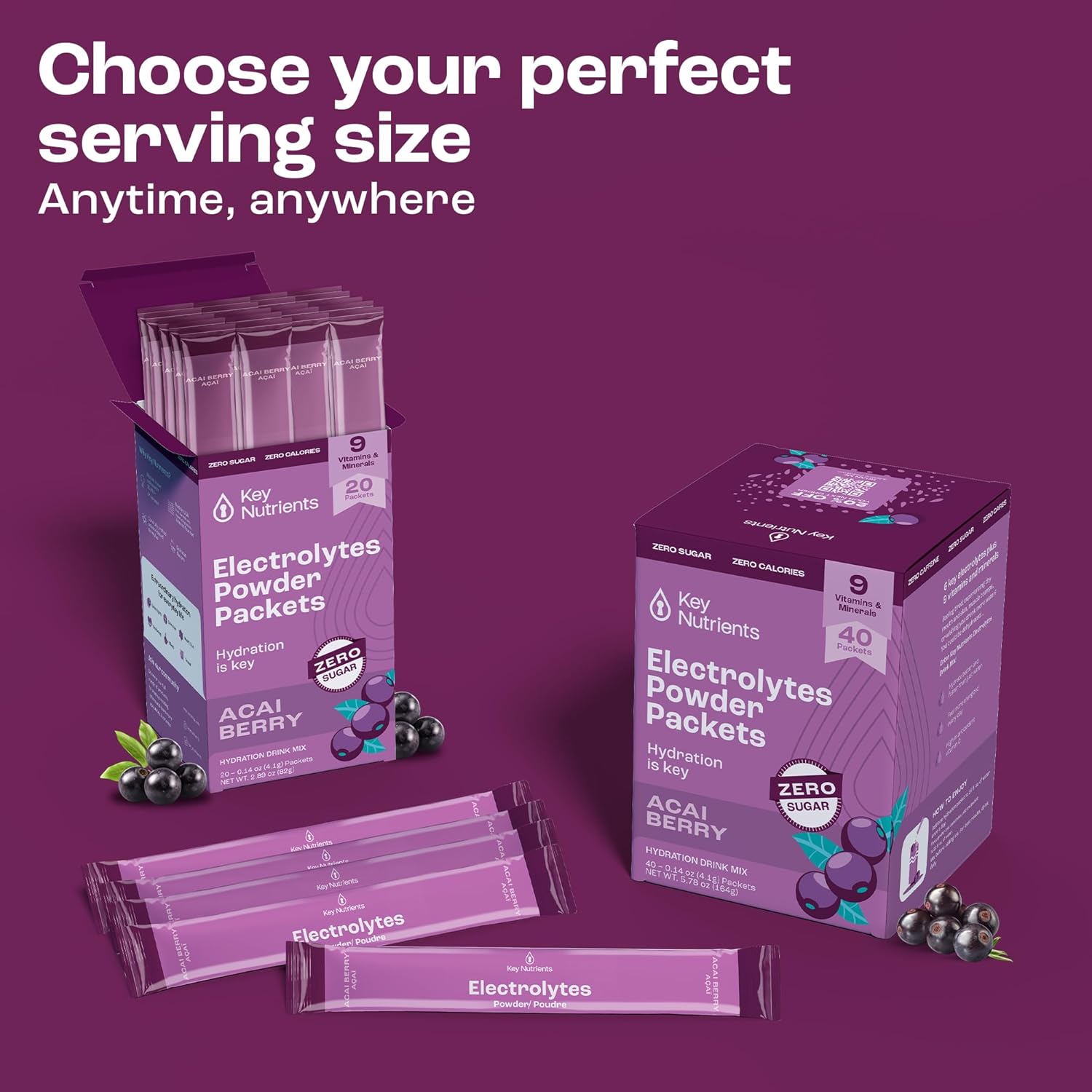 Delicious Acai Berry Multivitamin Electrolyte Powder Packets - Hydration on the Go - 20 Packets - Sugar-Free, Gluten-Free, Made in USA