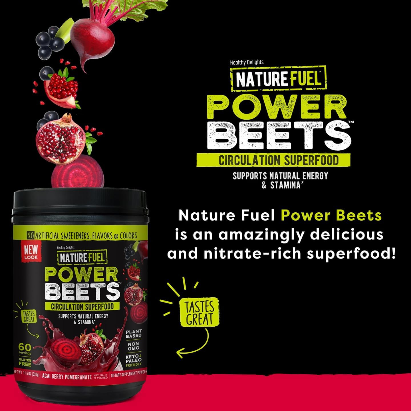 Delicious Acai Berry Pomegranate Super Greens Powder for Boosting Energy - Healthy Delights Nature Fuel Power Beets & Amazing Grass Greens Blend