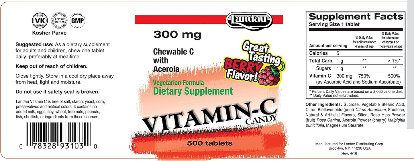 Delicious Berry Flavored Landau Chewable Vitamin C Candy - 300 Mg, 500 Count