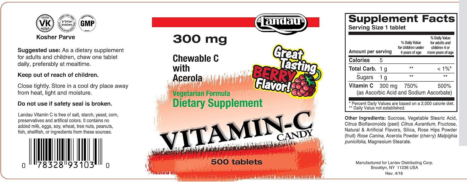 Delicious Berry Flavored Landau Chewable Vitamin C Candy - 300 Mg, 500 Count