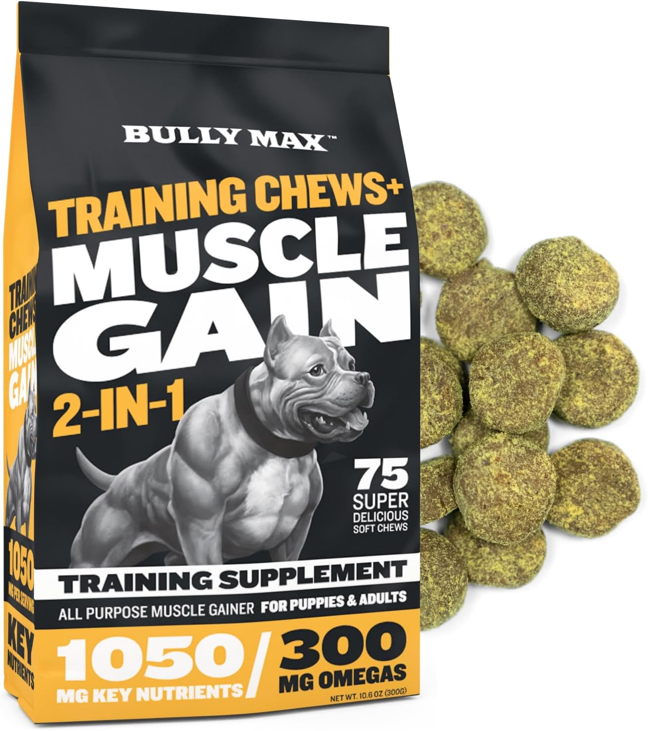 Delicious Bully Max Muscle Builder Soft Chews for Dogs - Training Supplements for Muscle Gain - Dog Food Topper for All Breeds & Ages