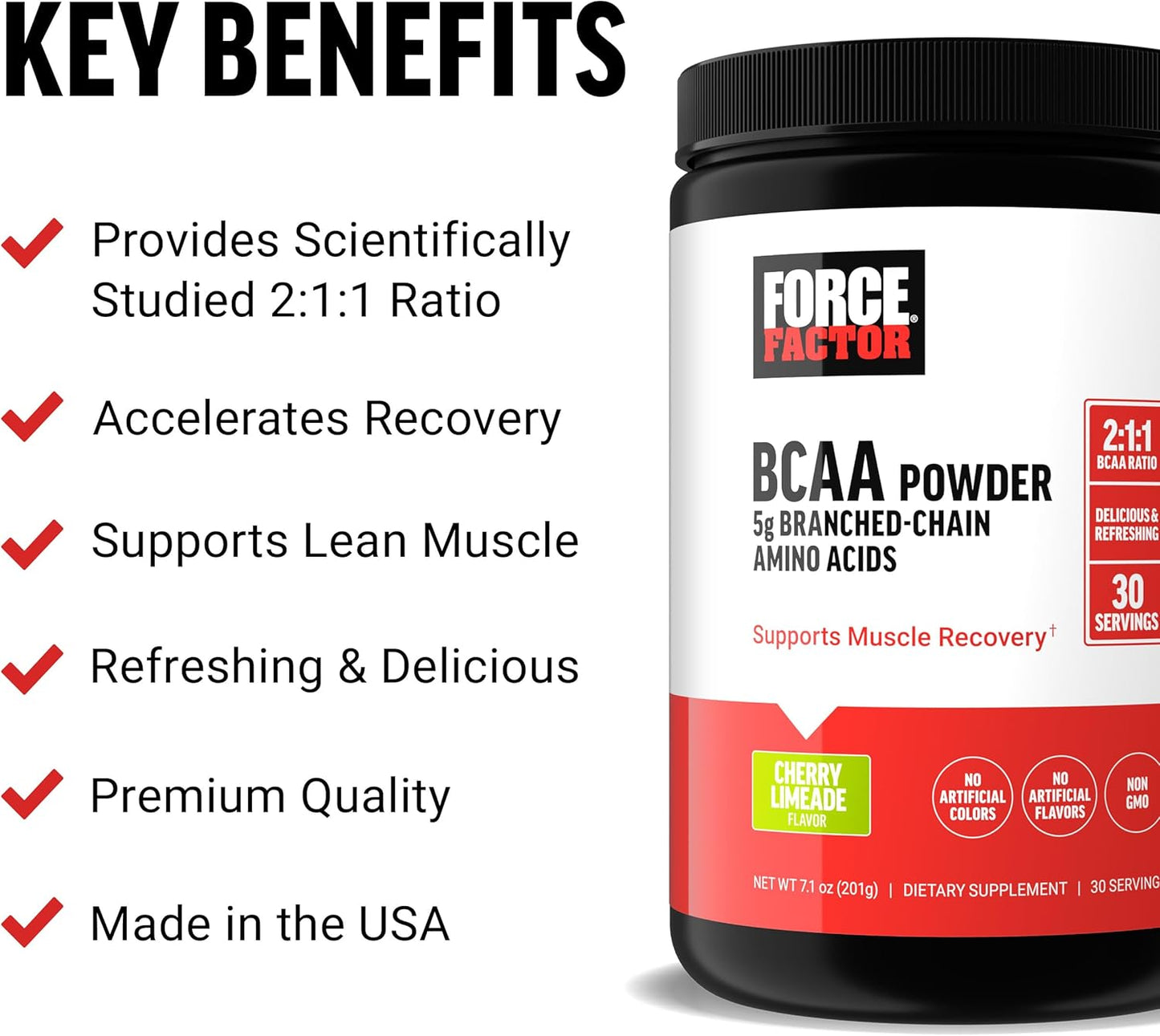 Delicious Cherry Limeade BCAA Amino Acids Supplement for Muscle Recovery - No Artificial Colors or Flavors - 30 Servings
