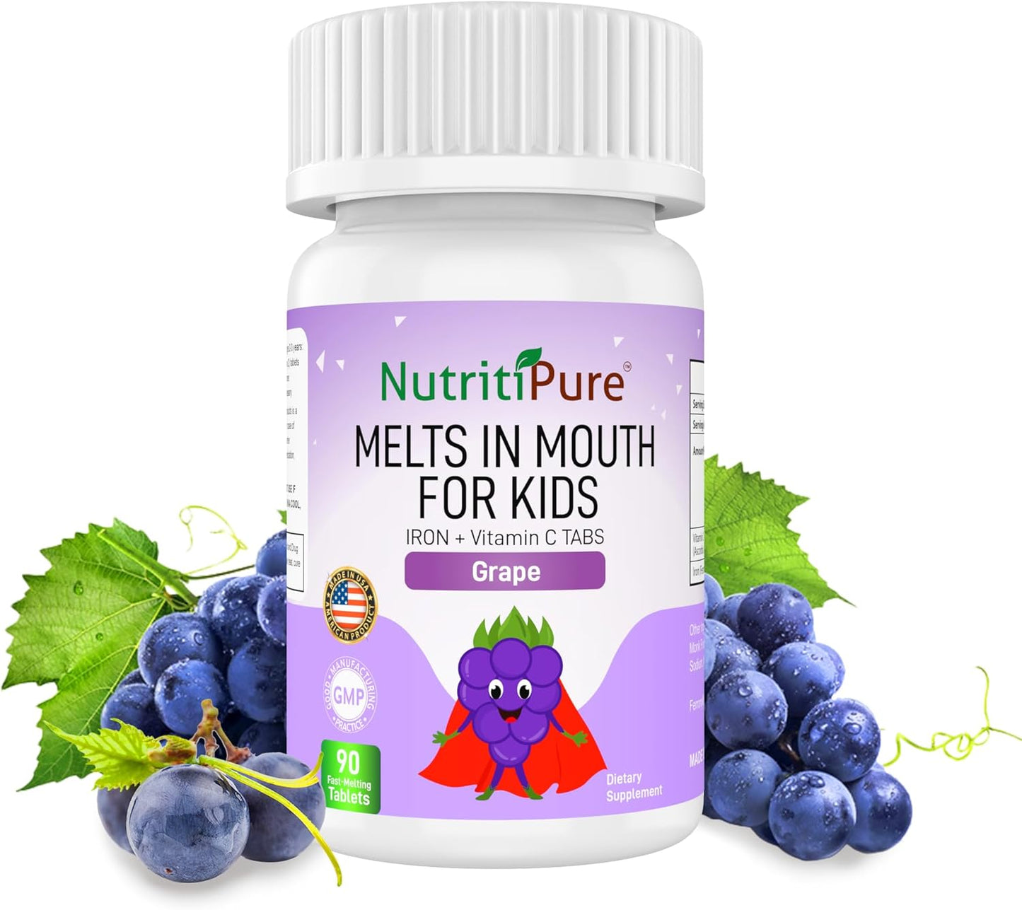Delicious Grape Flavored Chewable Iron Supplements for Kids - 90 Count Tablet with Vitamin C - 9mg Iron (Ferronyl/Carbonyl) - Children's Iron Supplement
