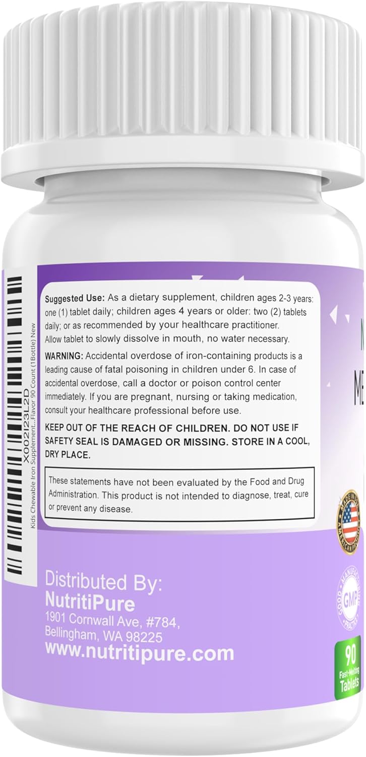 Delicious Grape Flavored Chewable Iron Supplements for Kids - 90 Count Tablet with Vitamin C - 9mg Iron (Ferronyl/Carbonyl) - Children's Iron Supplement