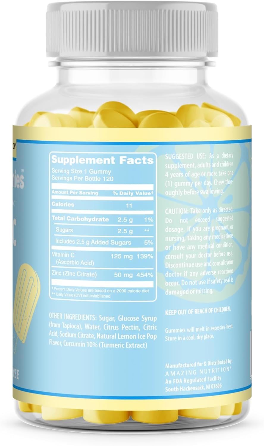 Delicious Lemon Ice Pop Flavored Vitamin C with Zinc Gummies - 120 Count by Amazing Nutrition Amazing Formulas