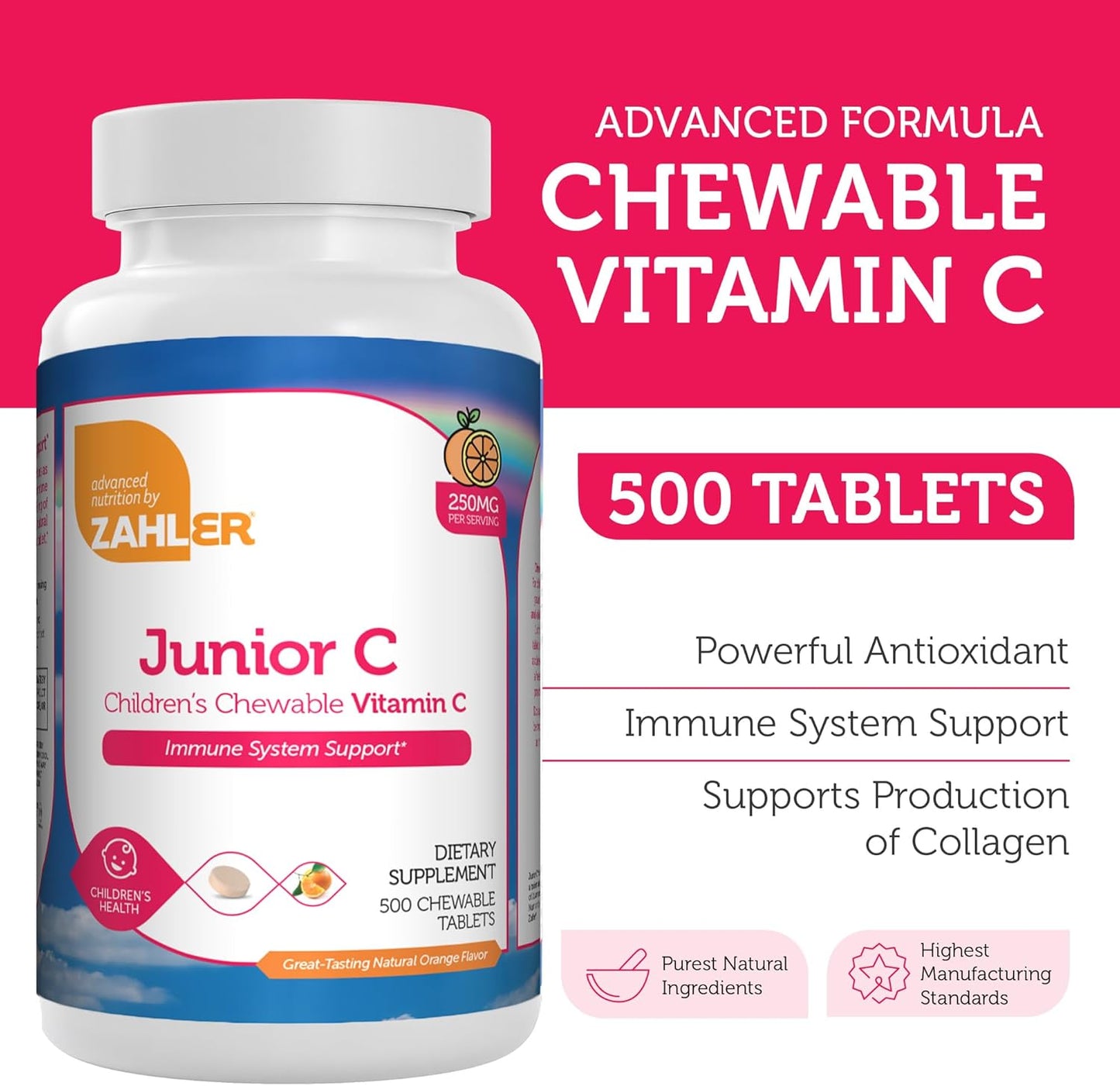 Delicious Orange Flavored Chewable Vitamin C for Kids - 500 Count - Immune Support and Antioxidant Boost - Kosher Formula for Children's Immunity