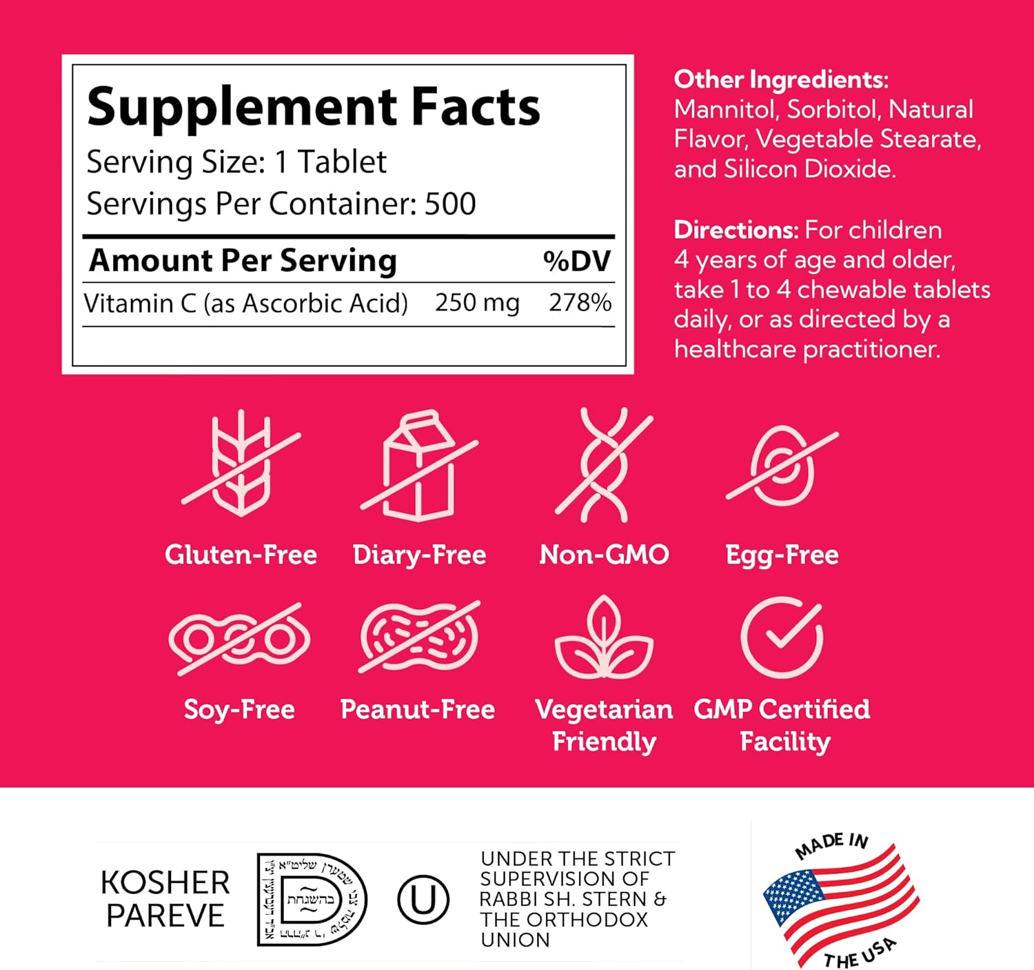 Delicious Orange Flavored Chewable Vitamin C for Kids - 500 Count - Immune Support and Antioxidant Boost - Kosher Formula for Children's Immunity