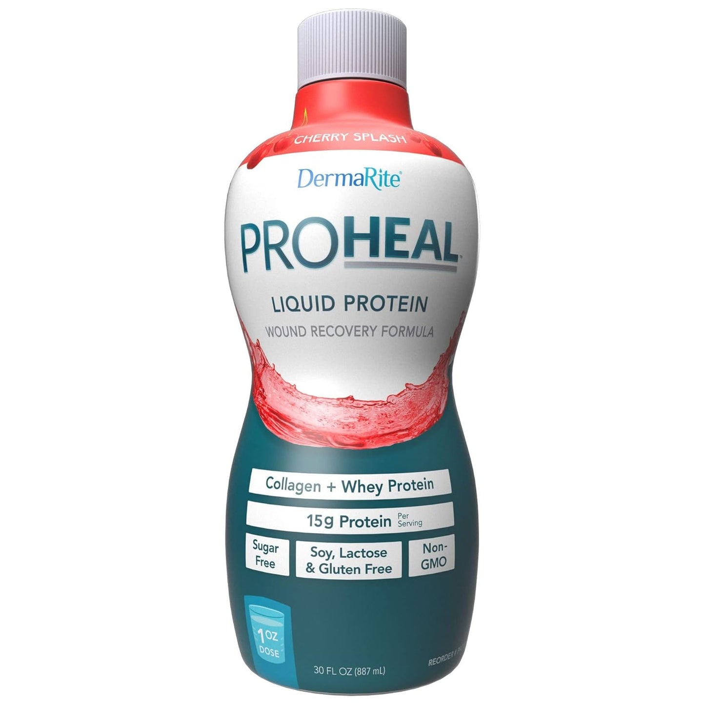 DermaRite ProHeal Liquid Protein Supplement - Cherry Splash Flavor, 30 oz, 6 Pack - 15g Collagen & Whey Protein for Wound Recovery