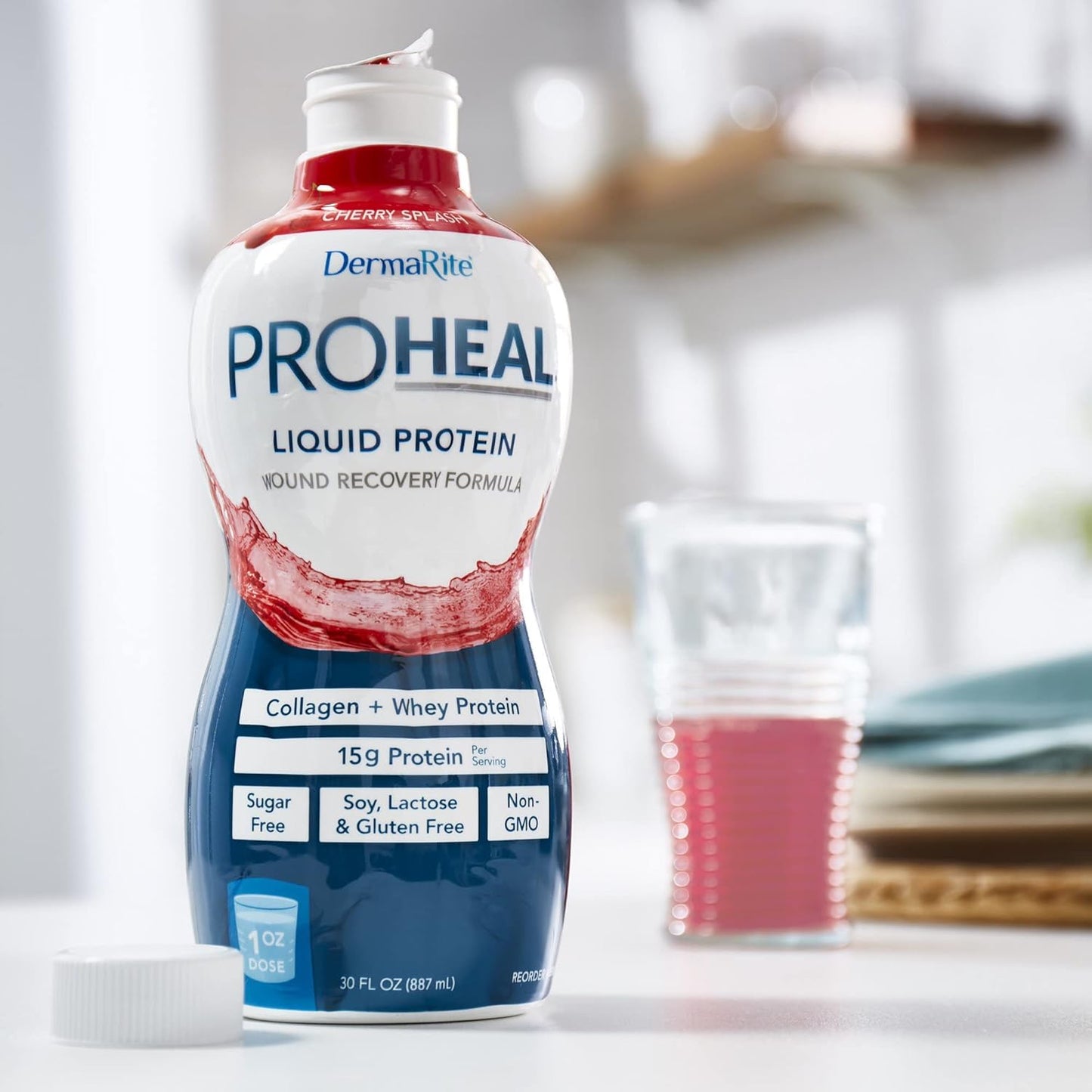 DermaRite ProHeal Liquid Protein Supplement - Cherry Splash Flavor, 30 oz, 6 Pack - 15g Collagen & Whey Protein for Wound Recovery
