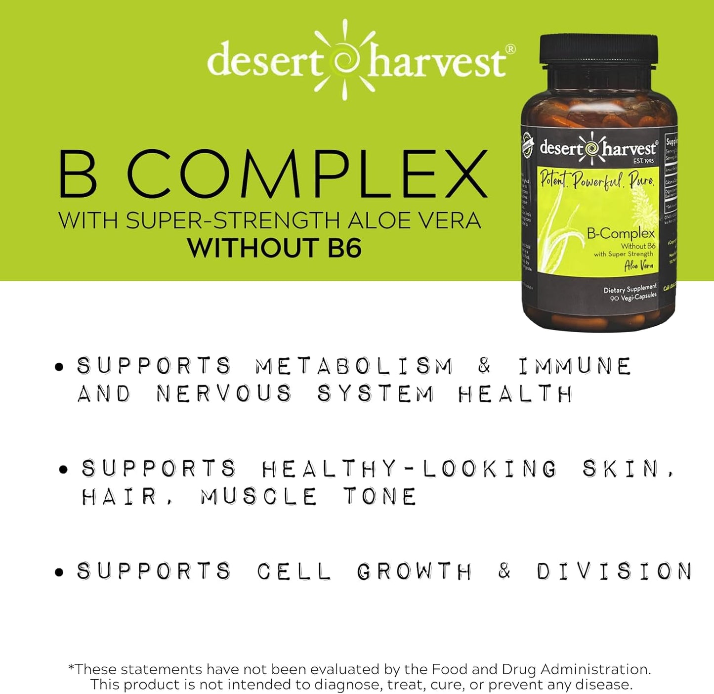 Desert Harvest B-Complex Vitamin Supplement - 90 Capsules, No B6 Added