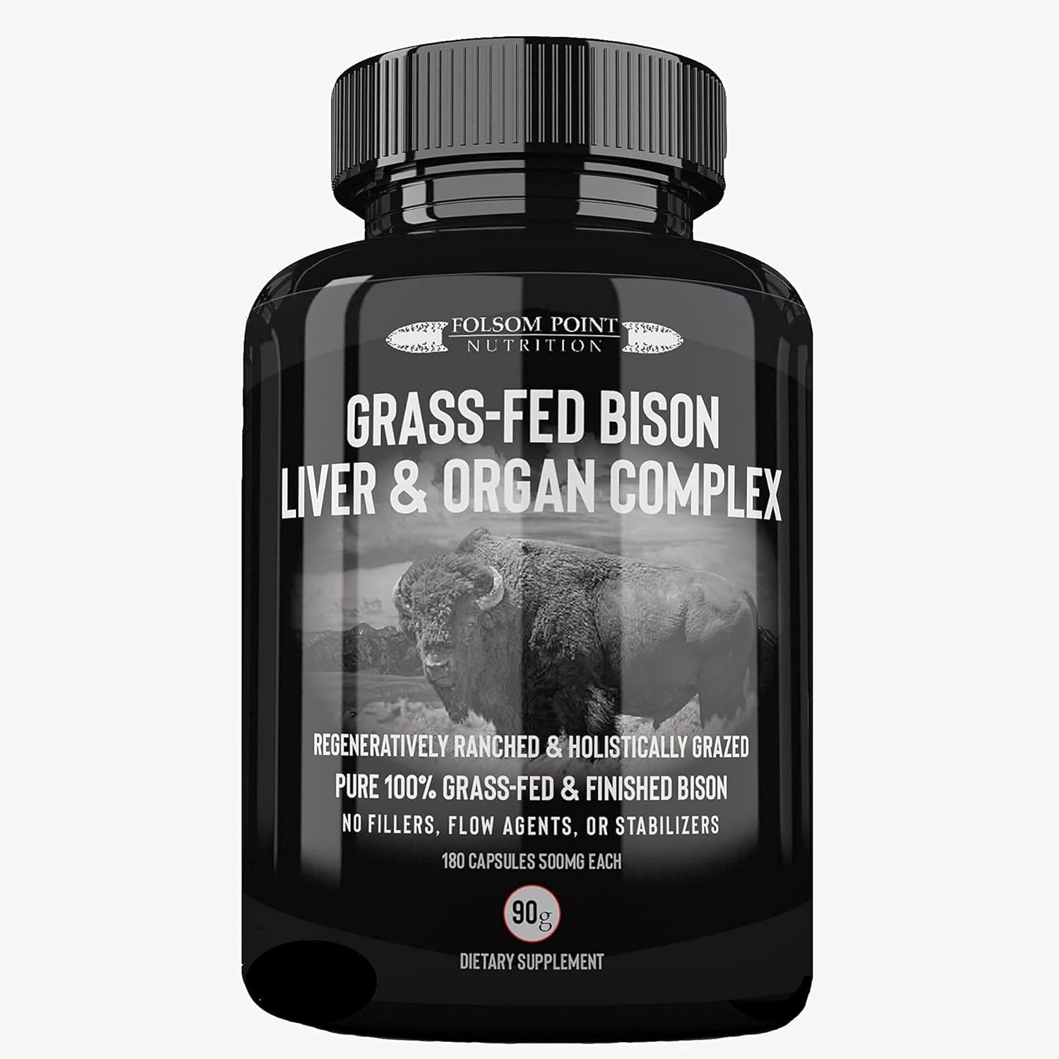 Desiccated Bison Liver Heart & Organ Complex Supplement - 100% Grass-fed Folsom Point Nutrition - Single Bottle - All-American Made