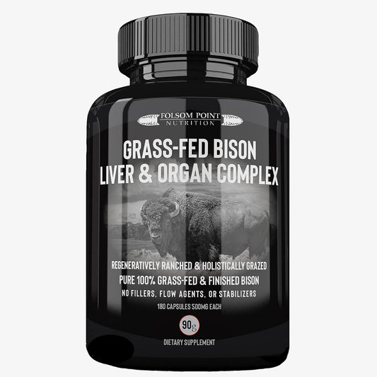 Desiccated Bison Liver Heart & Organ Complex Supplement - 100% Grass-fed Folsom Point Nutrition - Single Bottle - All-American Made